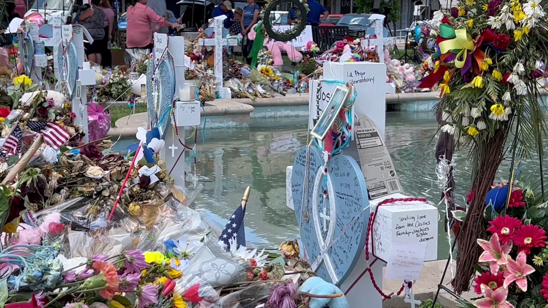 Right now, 22 of those crosses circle the fountain in Uvalde's town square.