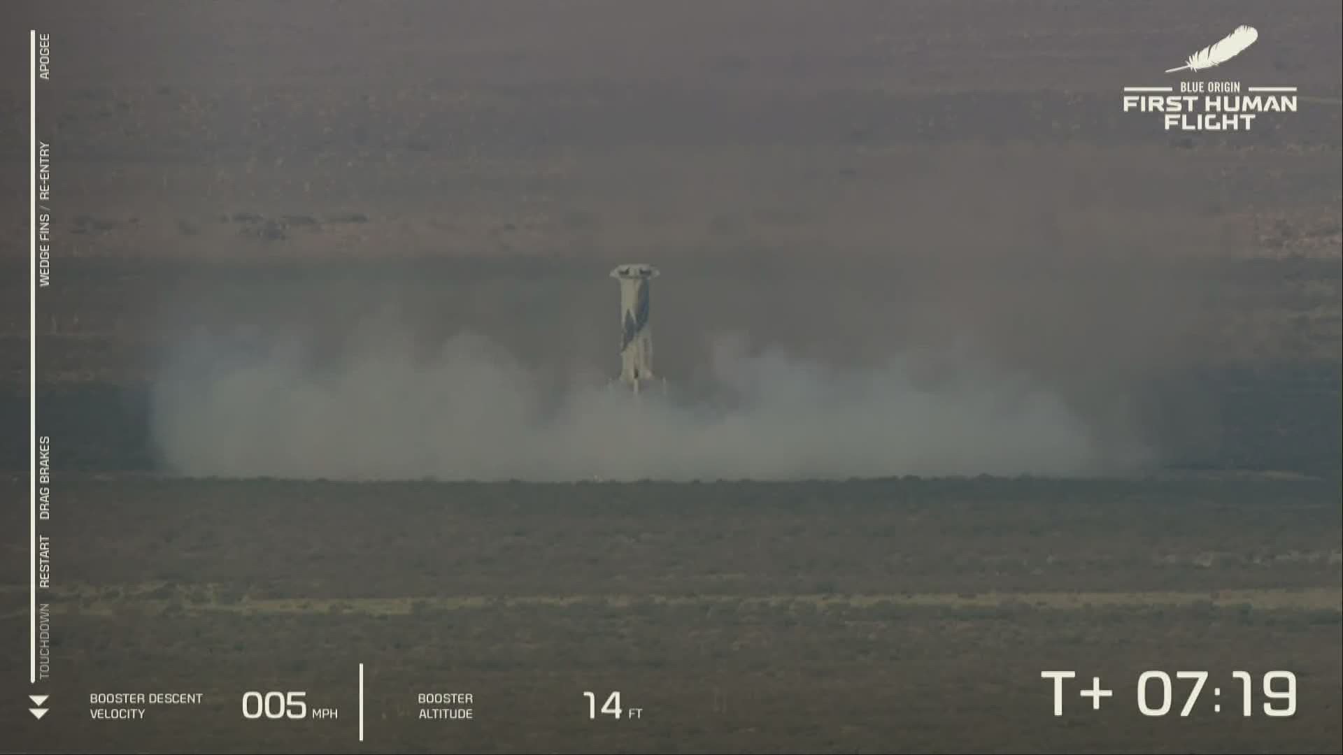 BOOSTER TOUCHDOWN! After launching Jeff Bezos, his brother and two others into space, New Shepard's booster makes a safe landing back to the ground.