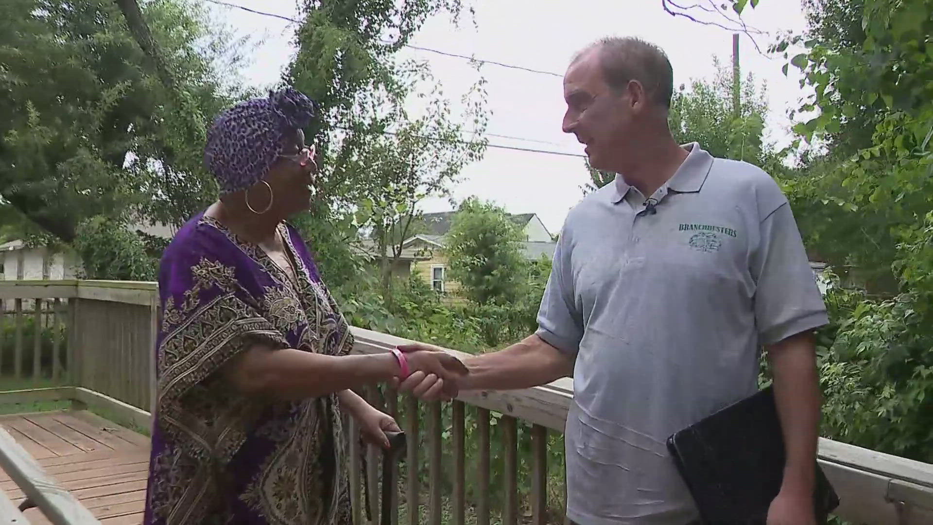 The tree company, Branch Busters, showed up to help the senior who was worried about the tree falling on her house. He did it without charging her.
