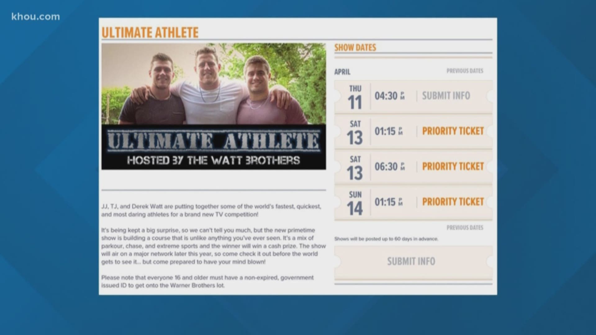 J.J. Watt, game show host? he and his brothers are hosting a new show called "Ultimate Athlete."