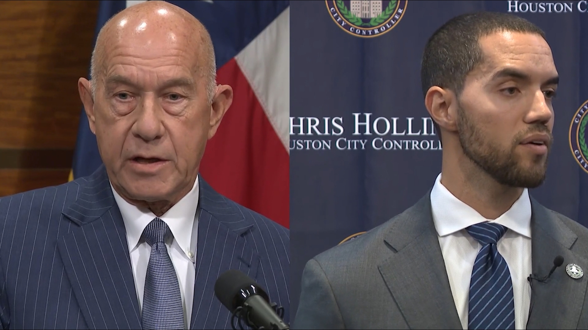 Mayor John Whitmire is leveling accusations against City Controller Chris Hollins involving the city's upcoming investor conference presented by Hollins' office.