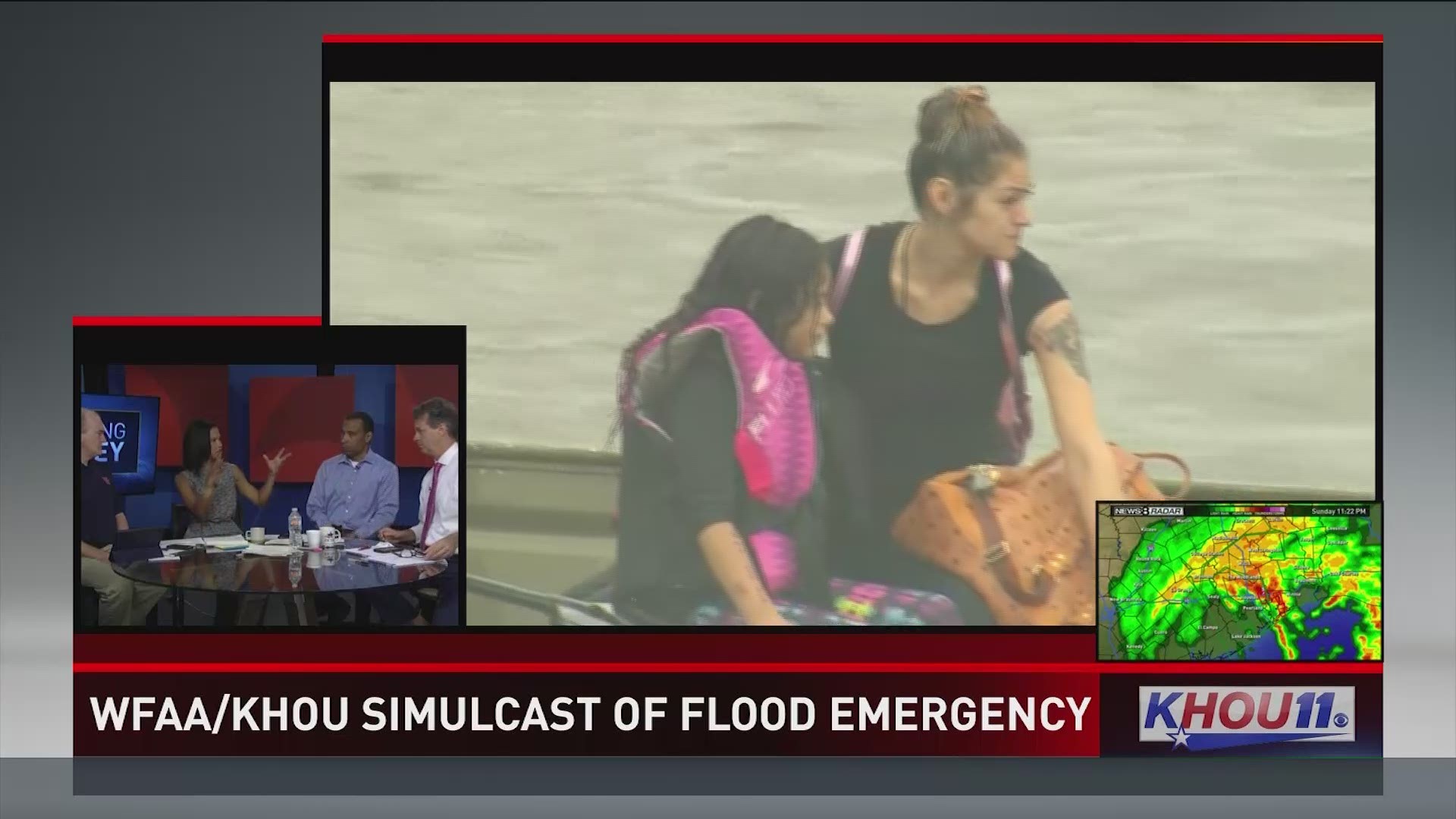8/27/2017 ' The first three deaths are reported. Rescued families gather at George R. Brown for assistance. KHOU 11 goes back on the air after its studios flooded earlier in the day Sunday.