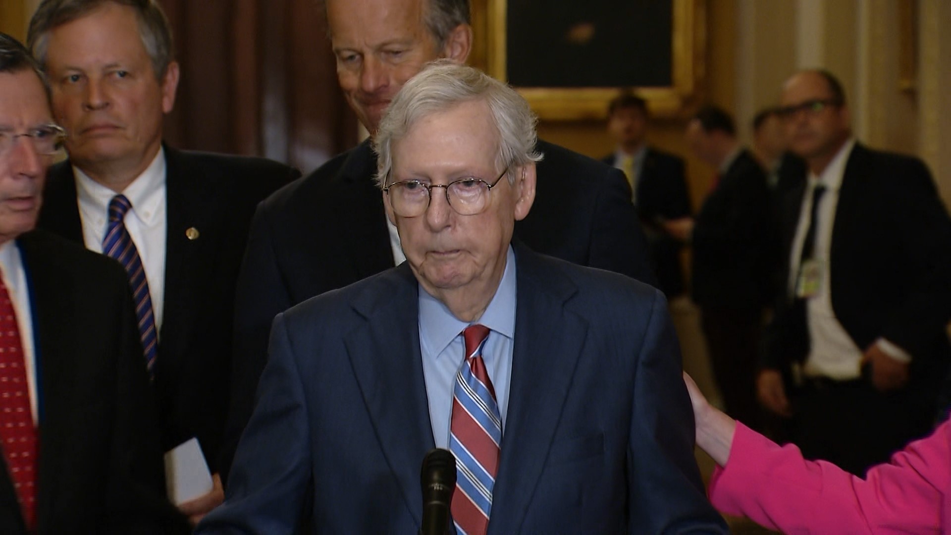 Senator Mitch McConnell was speaking before stopping and staying silent for several seconds as people asked if he was OK.