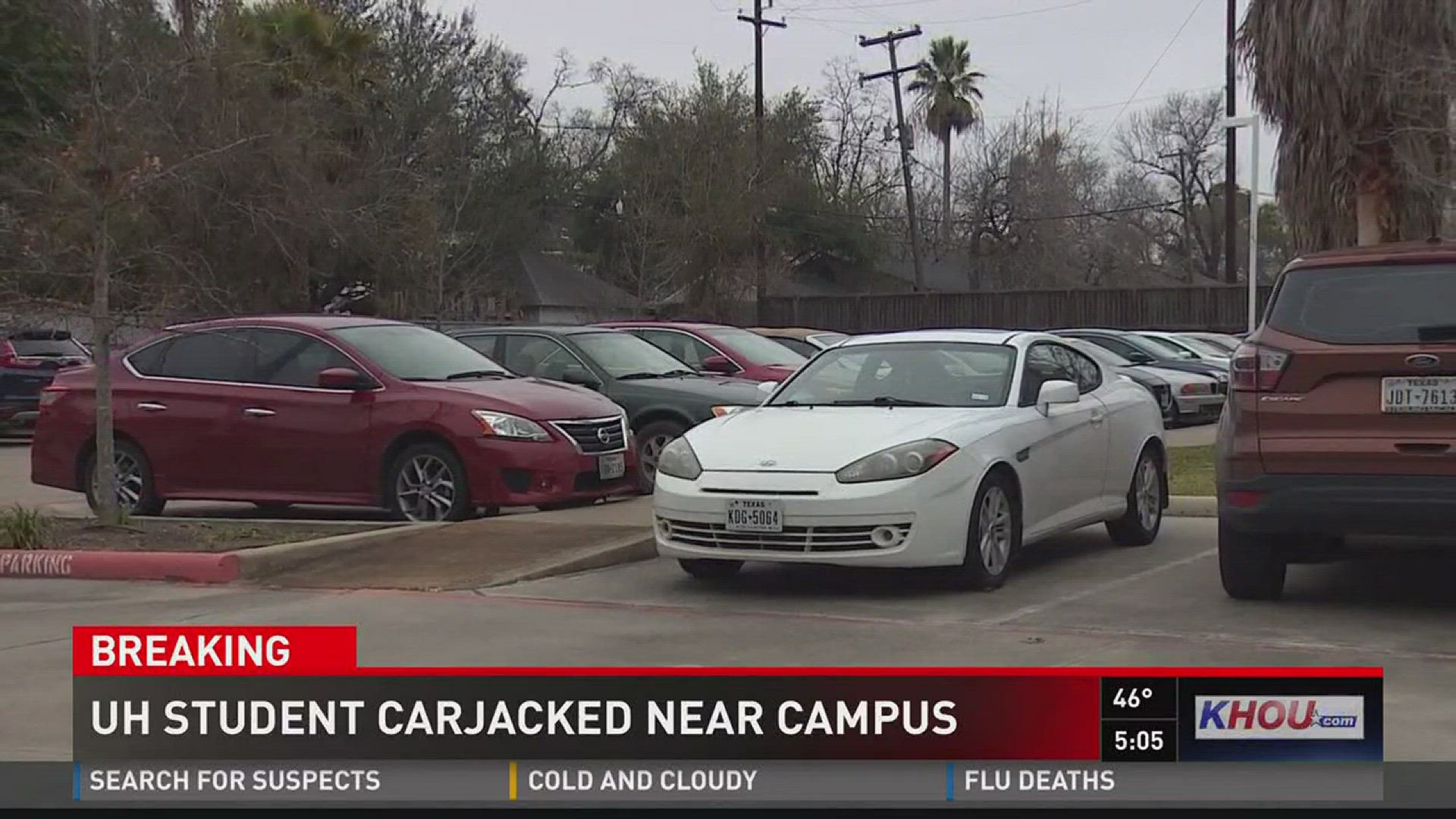 Authorities are looking for the suspects accused of carjacking a University of Houston student on Monday.