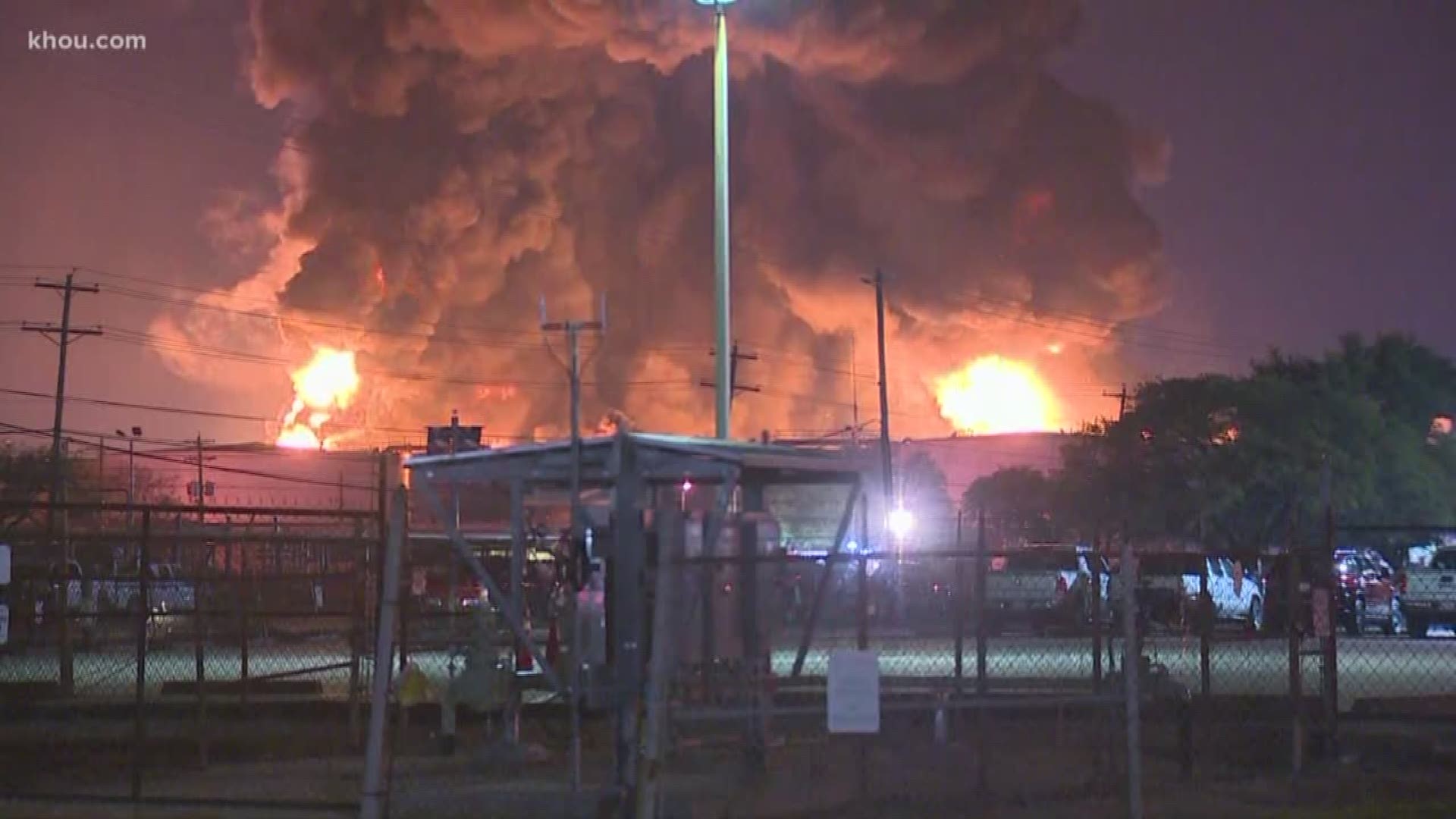 A large fire at Intercontinental Terminals Company in the Deer Park and La Porte area continues to burn and may not be out until sometime Wednesday, the company estimates.