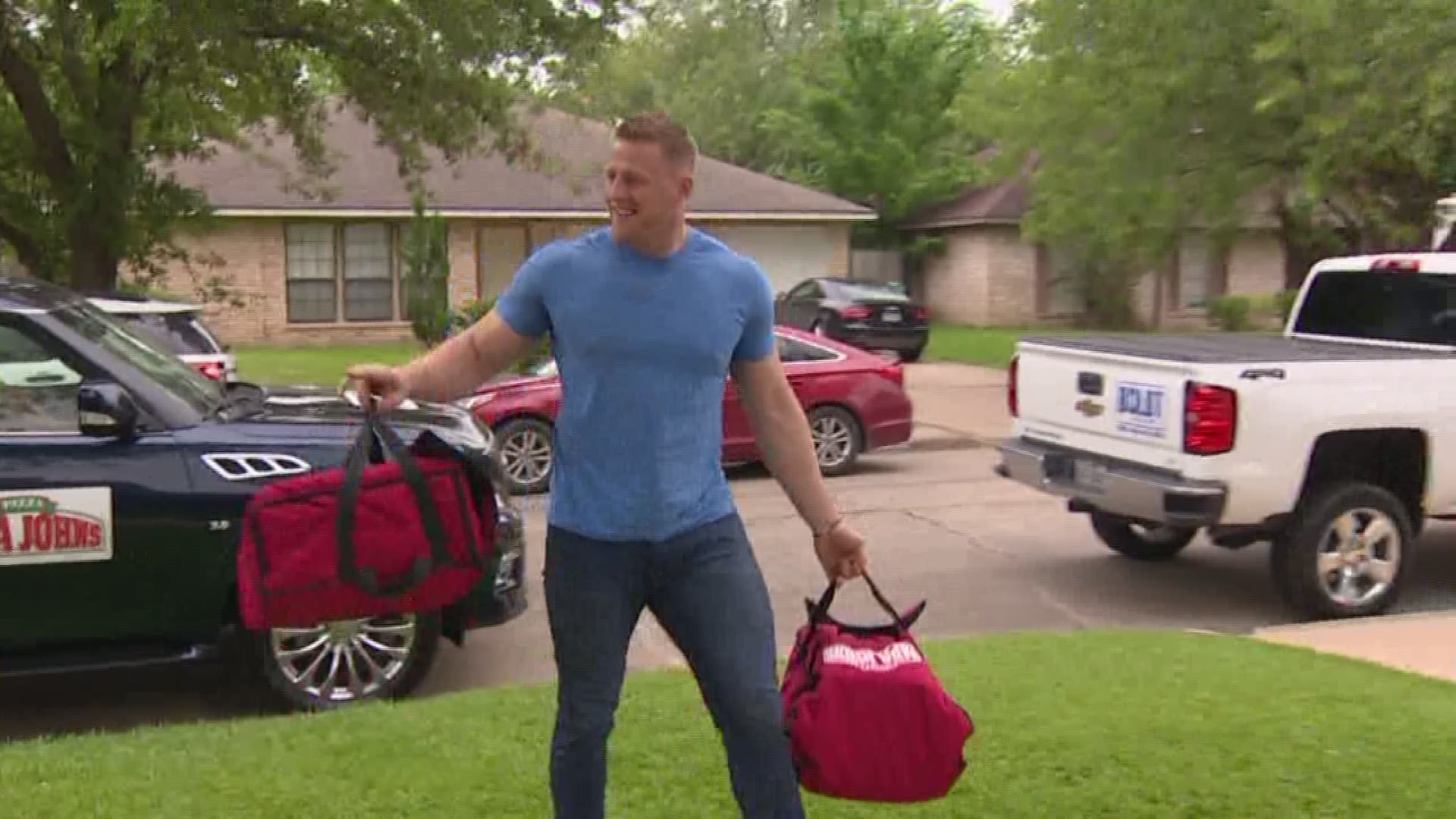 Houston Texans star J.J. Watt delivered Papa John's pizza to one lucky family in southeast Houston on Saturday.