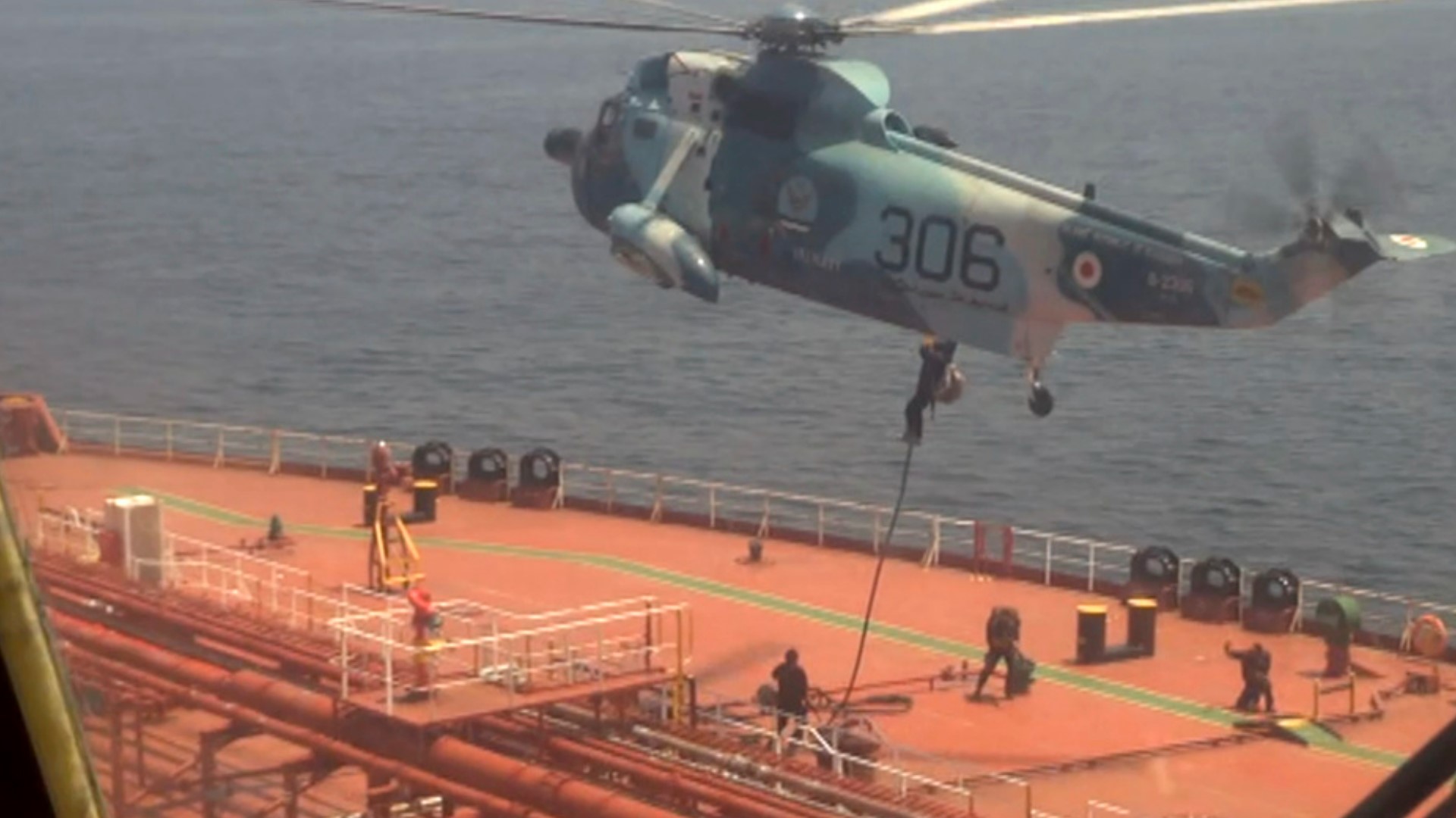 The footage showed the commandos descending on the deck of the Advantage Sweet by ropes from a hovering helicopter. The 24 crew members are from India.