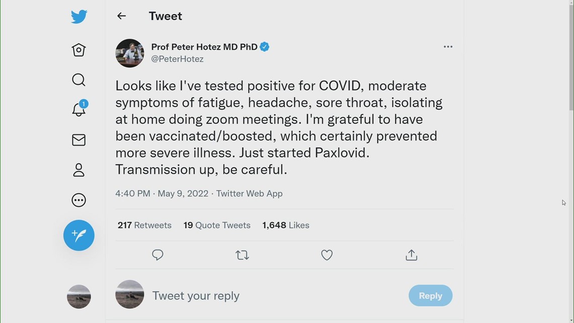 Dr. Peter Hotez tweets that he has COVID