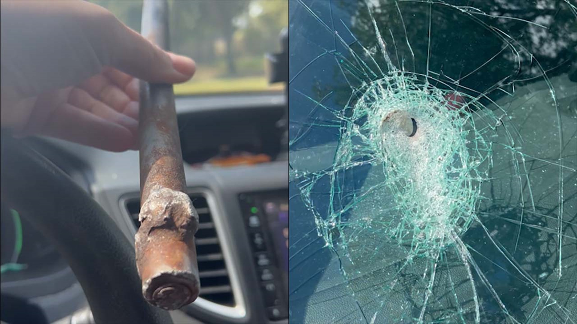 The rebar came flying through the windshield and ricocheted off the passenger seat, narrowly missing Amanda Kilian.