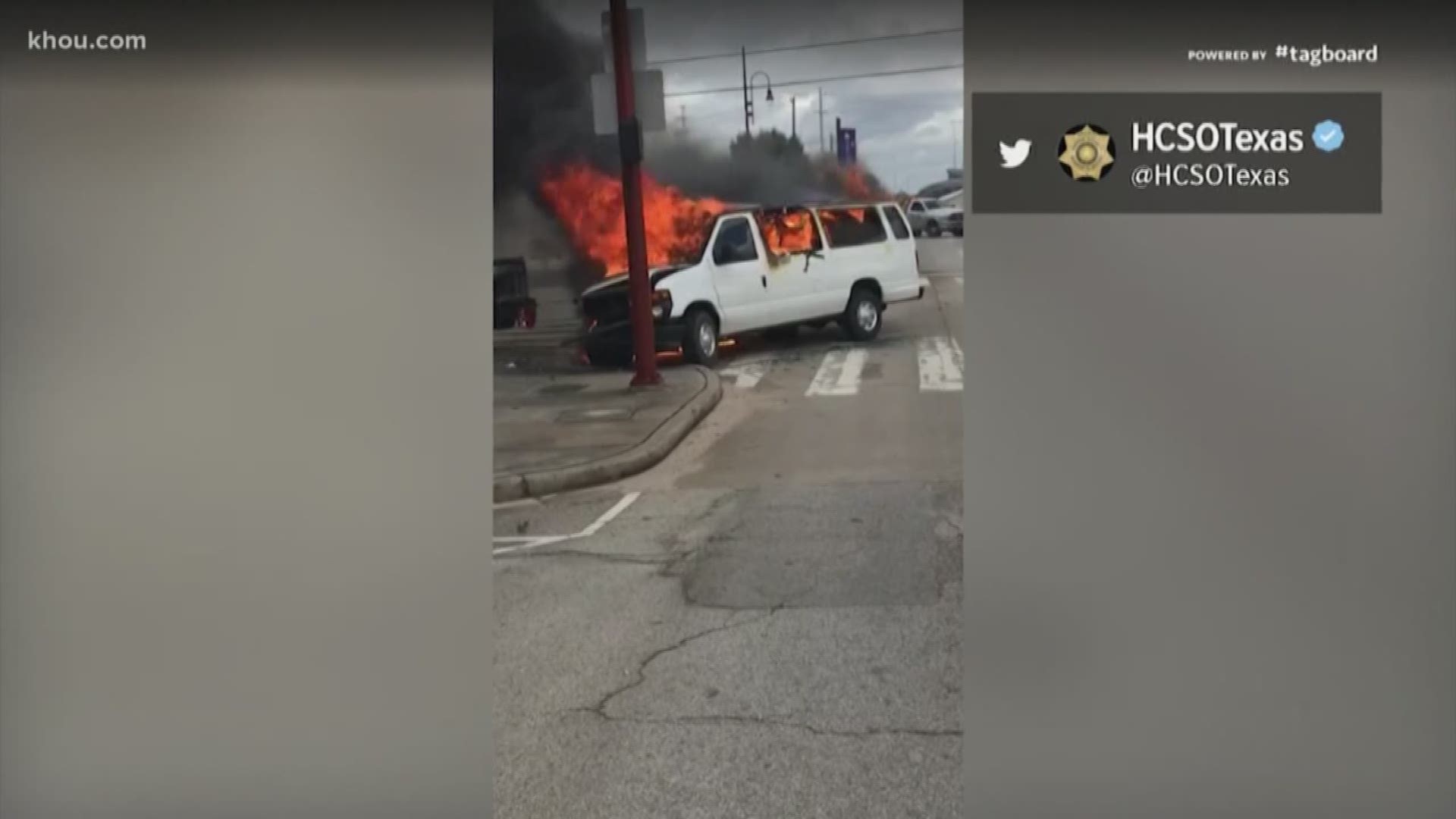 Two deputies and six inmates were injured after their van caught fire in a crash in downtown Houston Monday morning.