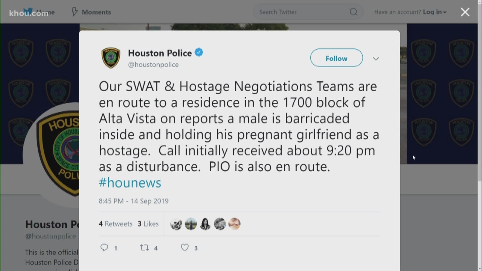 Houston Police's SWAT team is responding to reports of a man barricaded inside his home holding his pregnant girlfriend hostage.