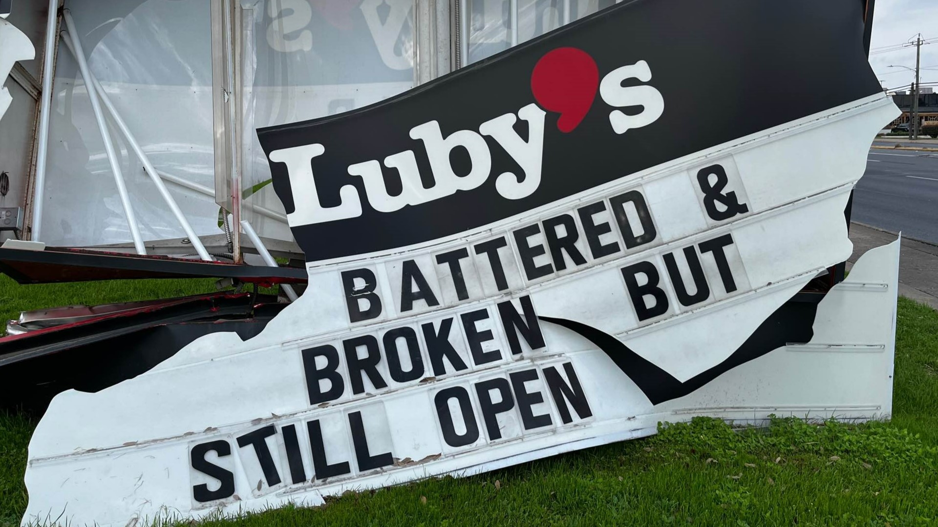 According to Luby's general manager Mike Foderetti, the sign was hit back in February and they're in the process of getting it fixed.