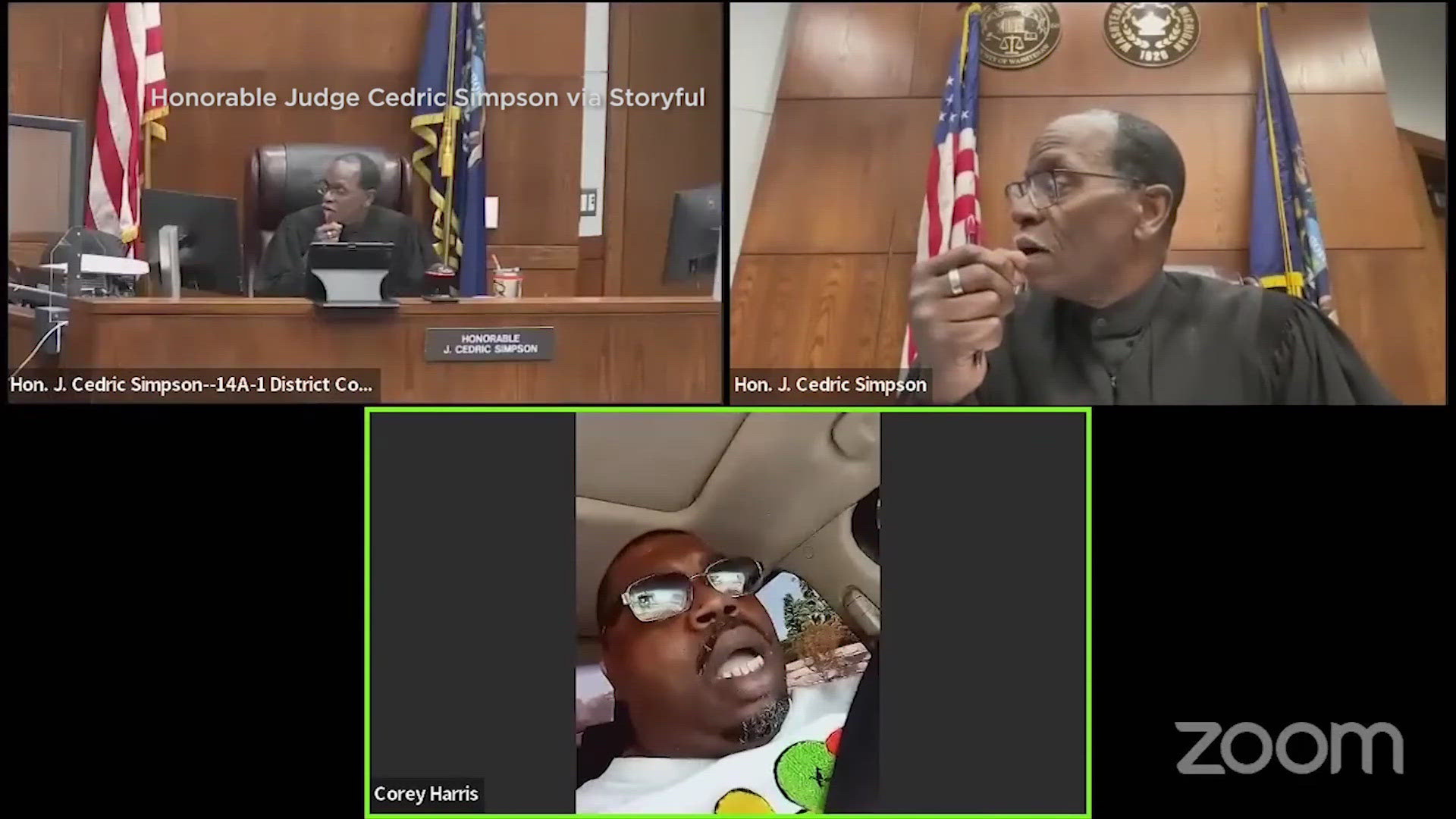 The judge immediately interjected when Corey Harris joined his May 15 court hearing via Zoom with a visible seatbelt, clearly driving a car.
