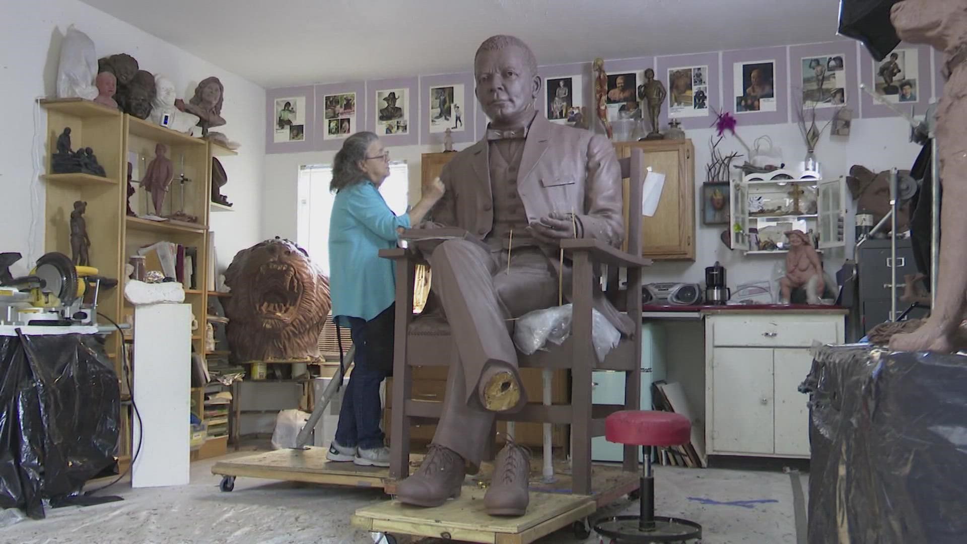 Bridgette Mongeon created a sculpture of Booker T. Washington for an HISD high school that bears his name. She hopes the statute teaches students about his life.