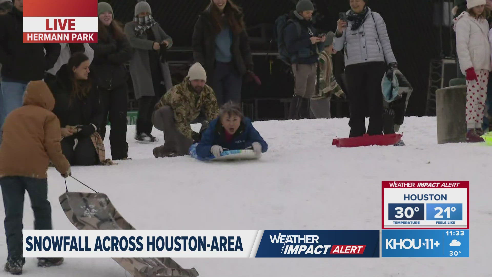 Residents across the Houston area are finding hills to sled down after a winter storm blanketed the region in snow.