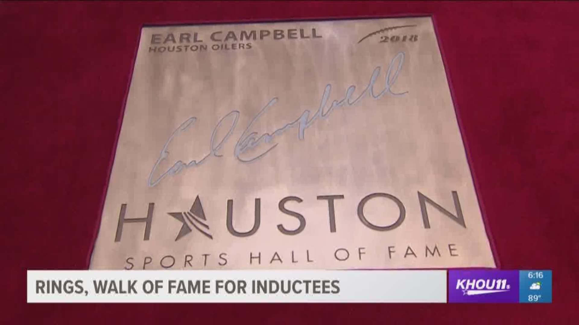 Earl Campbell, Hakeem Olajuwon and Nolan Ryan received rings and their names on a walkway in downtown Houston as the first inductees into the Houston Sports Hall of Fame.