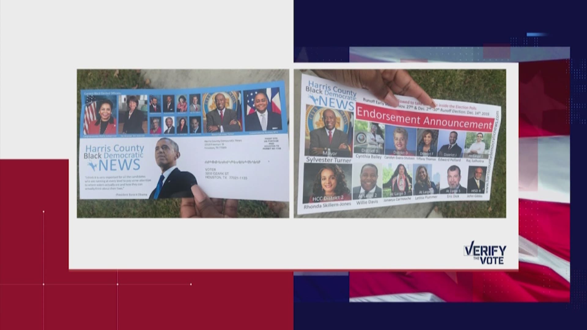 The mailer in question is being circulated by a group called the Harris County Democratic News.