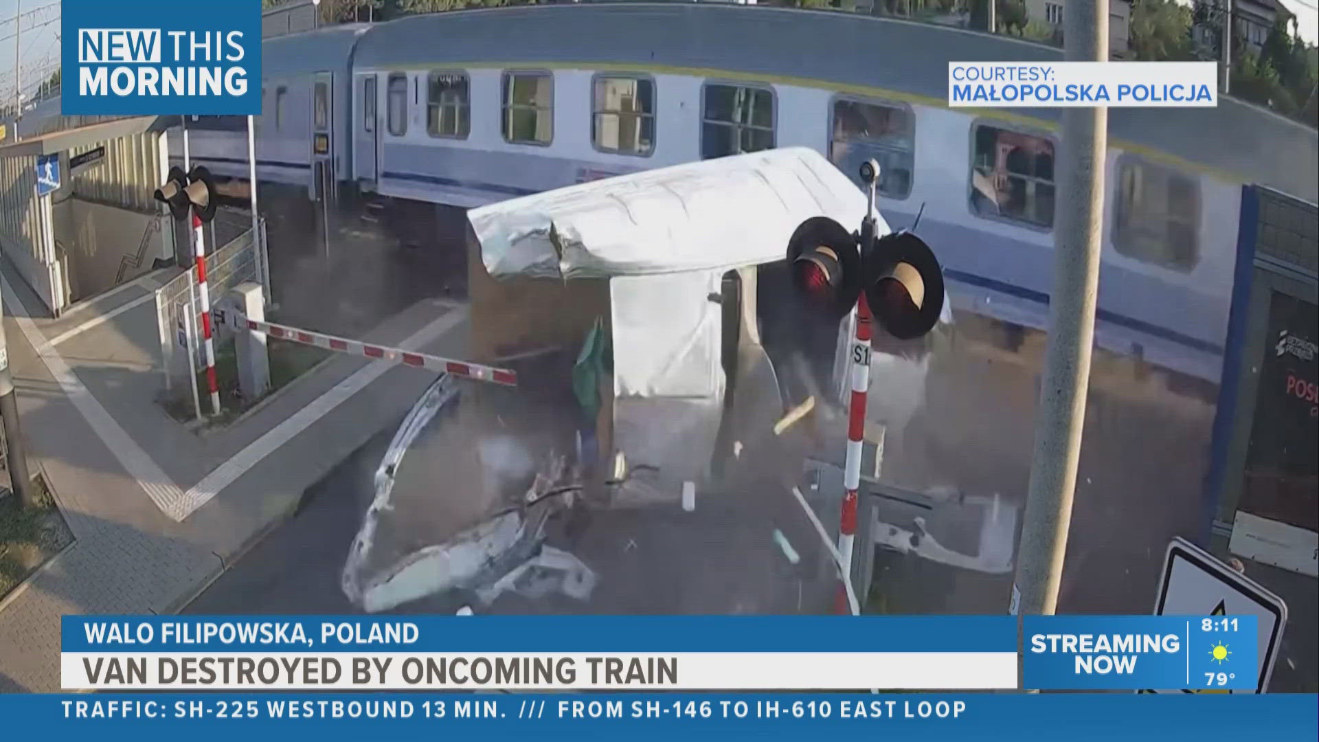 Caught on camera: Van stuck i n crossing destroyed by train in Poland ...