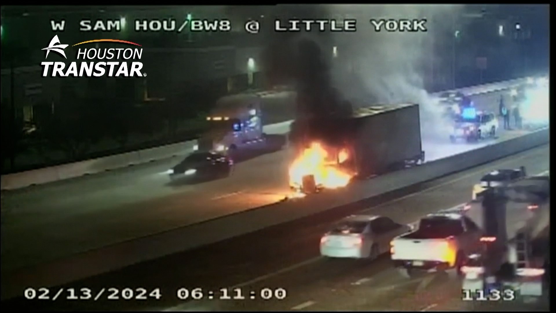 Flames could be seen spewing out of the truck from Houston TranStar cameras.