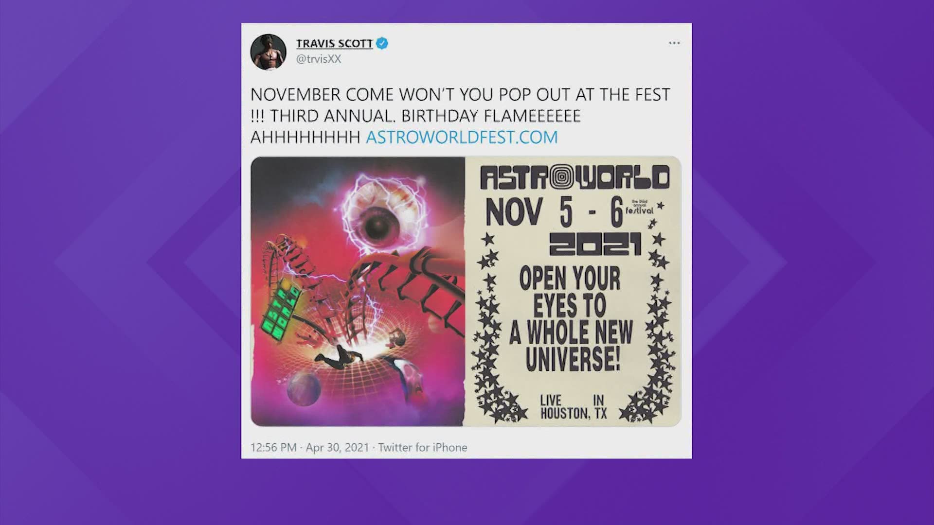 Rapper Travis Scott announced his annual Astroworld music festival is returning to Houston in November.