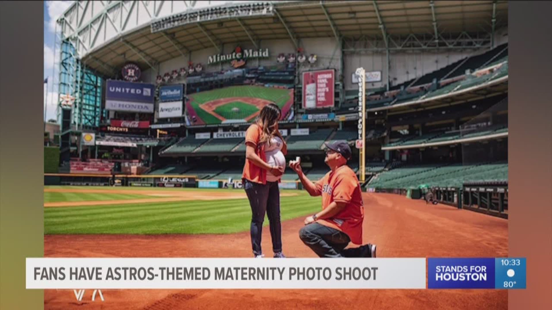 A very pregnant Astros fan got a very special surprise during her maternity photo shoot at Minute Maid Park.