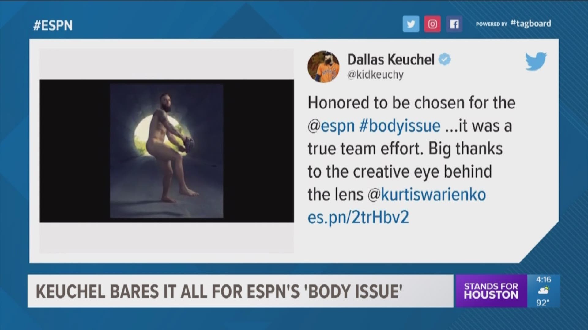 ESPN The Magazine's Body Issue hit newsstands Monday, and Astros pitcher Dallas Keuchel is one of the athletes who bared it all for this edition.