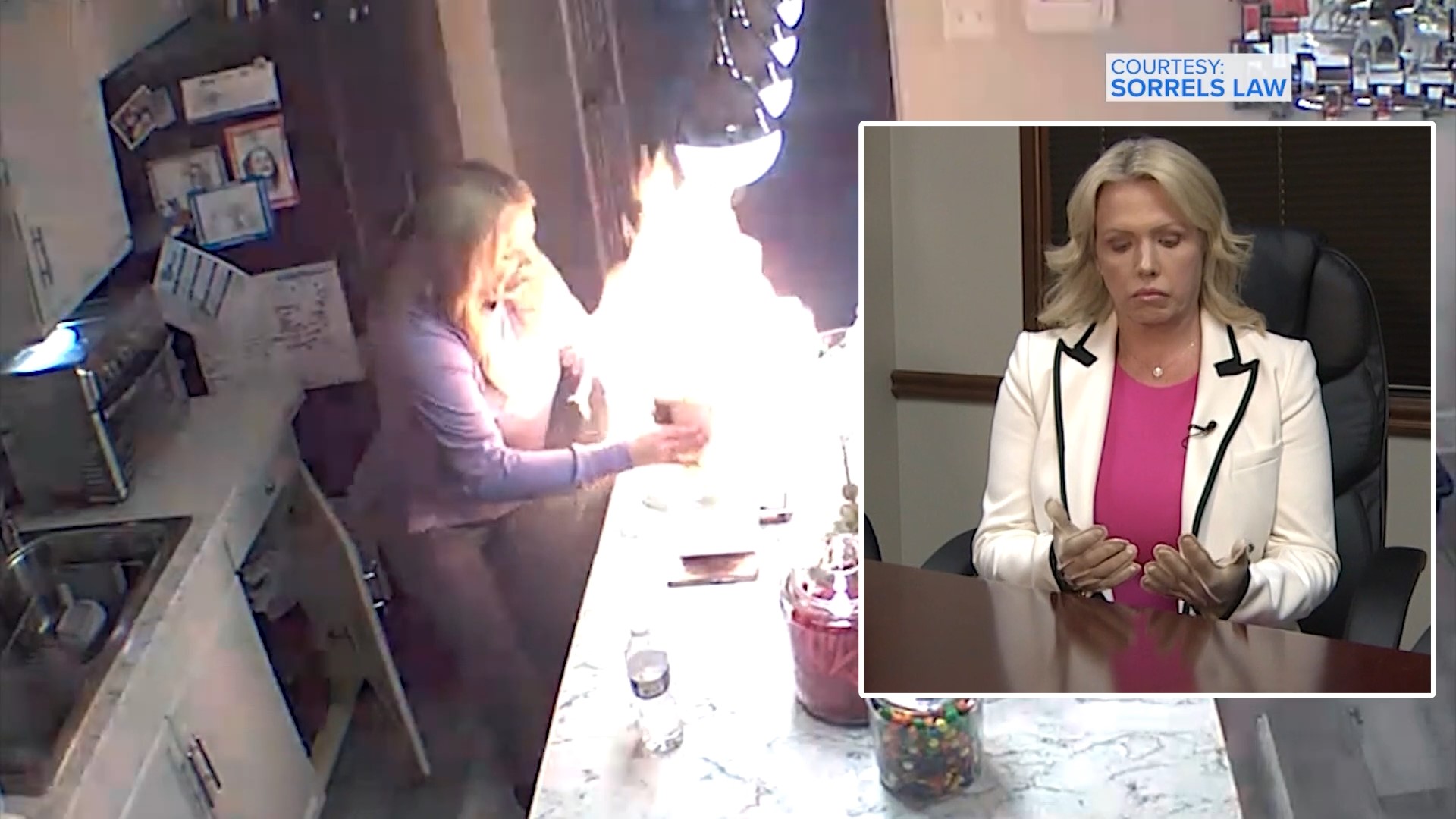 Video shows the woman trying to put out the late flames coming from the candle. When she tried to grab it and move it, the fire spread, causing her severe injuries.