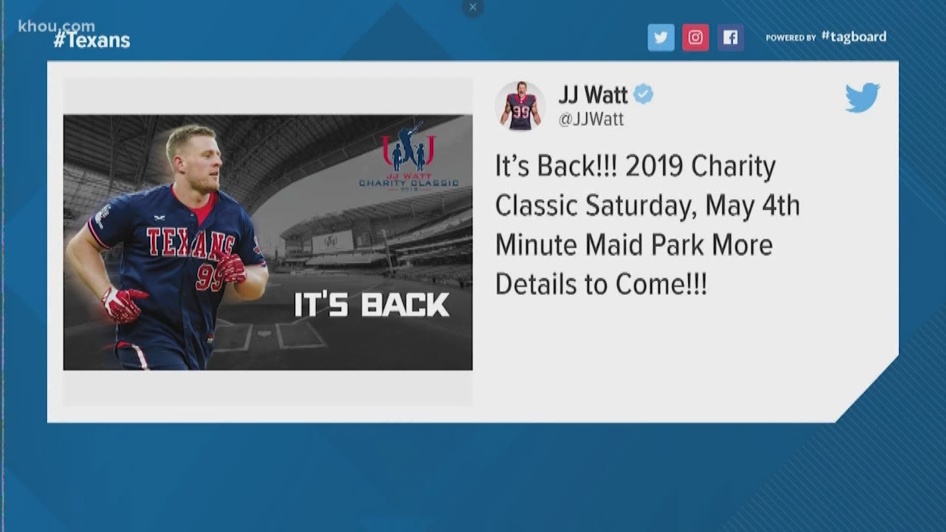 The J.J. Watt Charity Classic softball game will return in 2019, the Texans star confirmed on Twitter Tuesday afternoon.