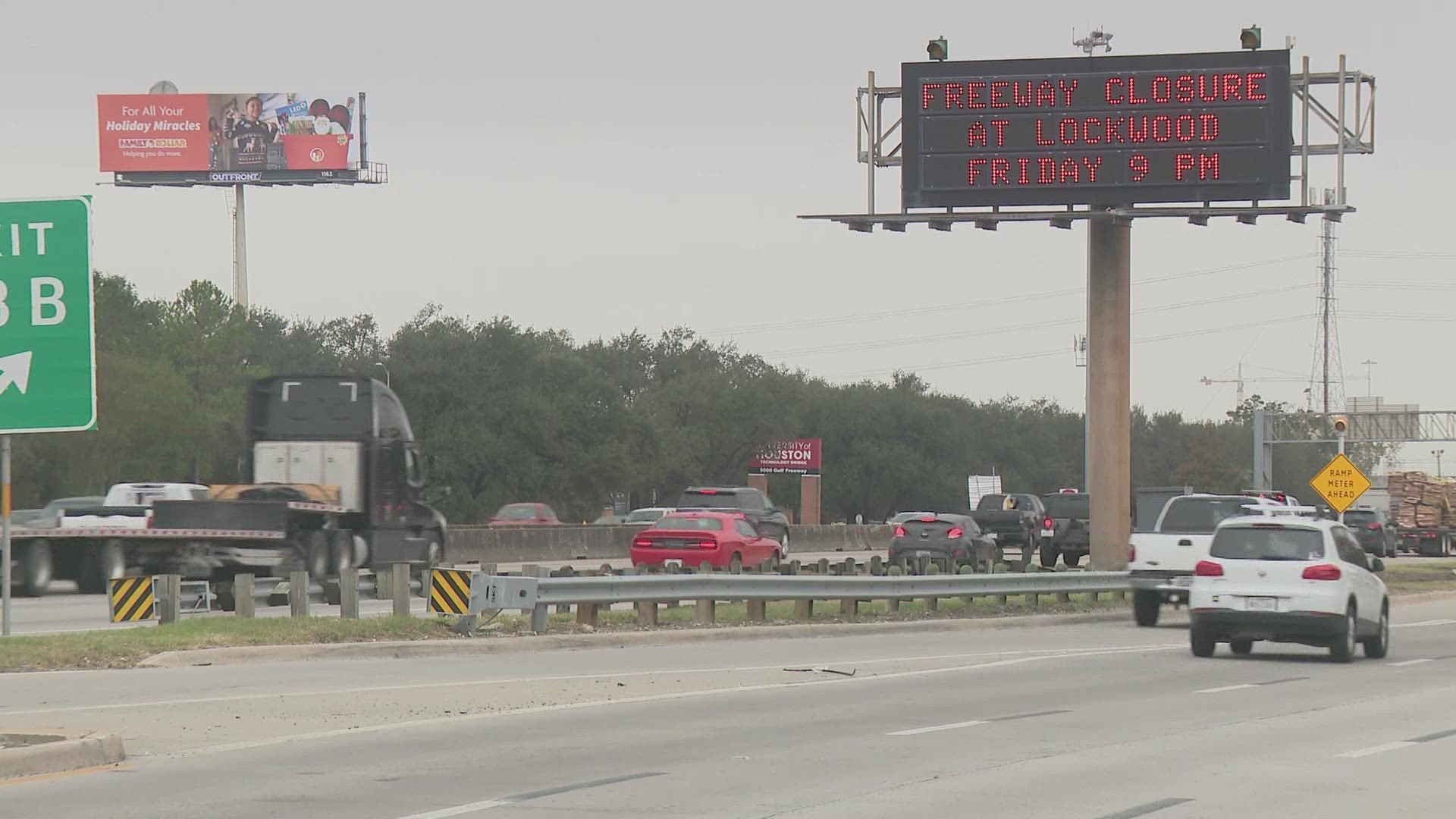 A major closure of the Gulf Freeway headed north will begin on Dec. 2 at 9 p.m. and last until early Monday, Dec. 5.