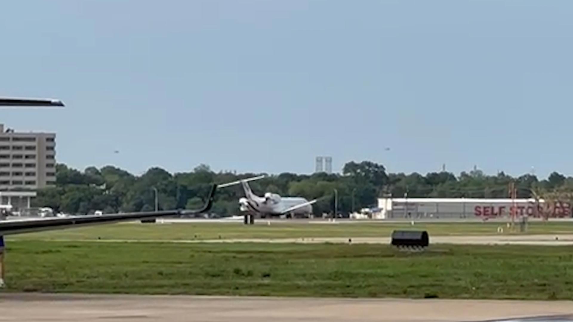 The airport said at around 6 p.m. Friday, a private JSX charter aircraft experienced a landing gear collapse after touching down on Runway 4 at Hobby.