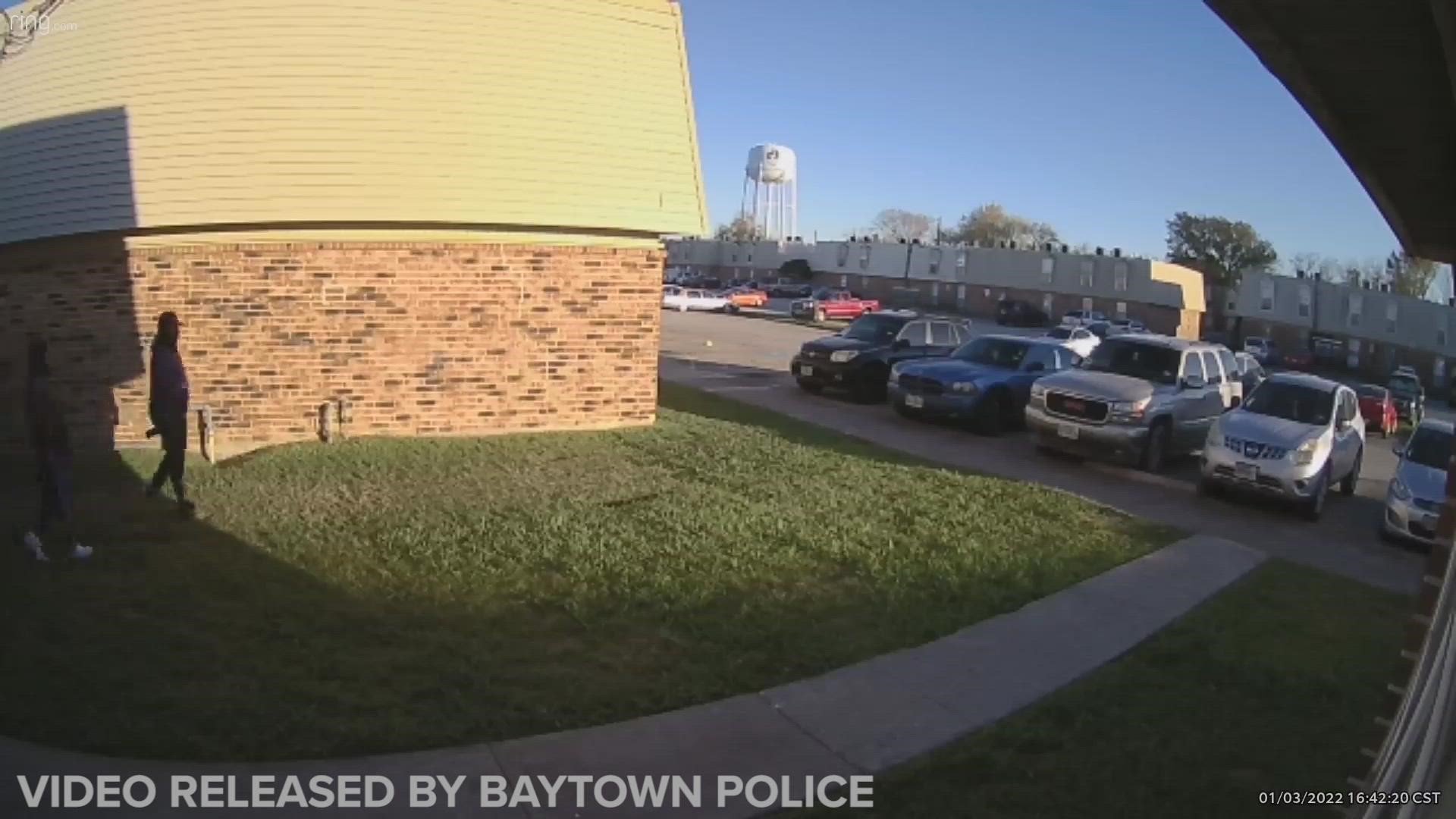 Baytown police have released surveillance video of three suspects wanted in connection to a shooting at an apartment complex.