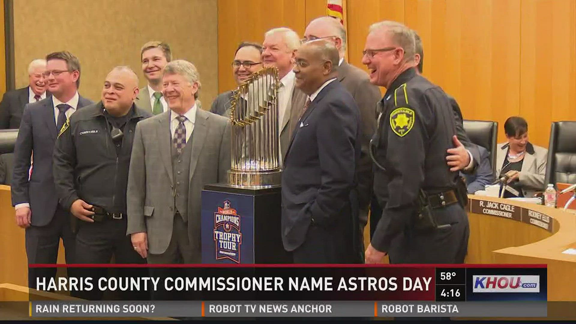 The World Series trophy is making its rounds across Texas, and Tuesday, it made a surprise appearance at Harris County Commissioners Court.
