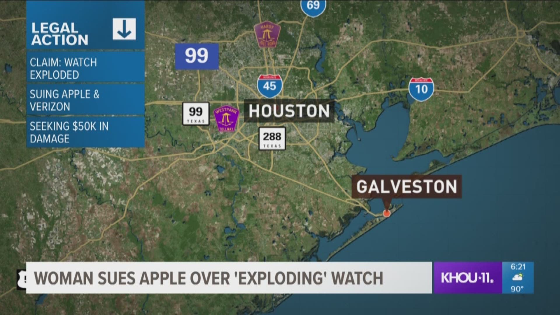 A Galveston County woman is suing Apple and Verizon after she claims her Apple watch exploded.