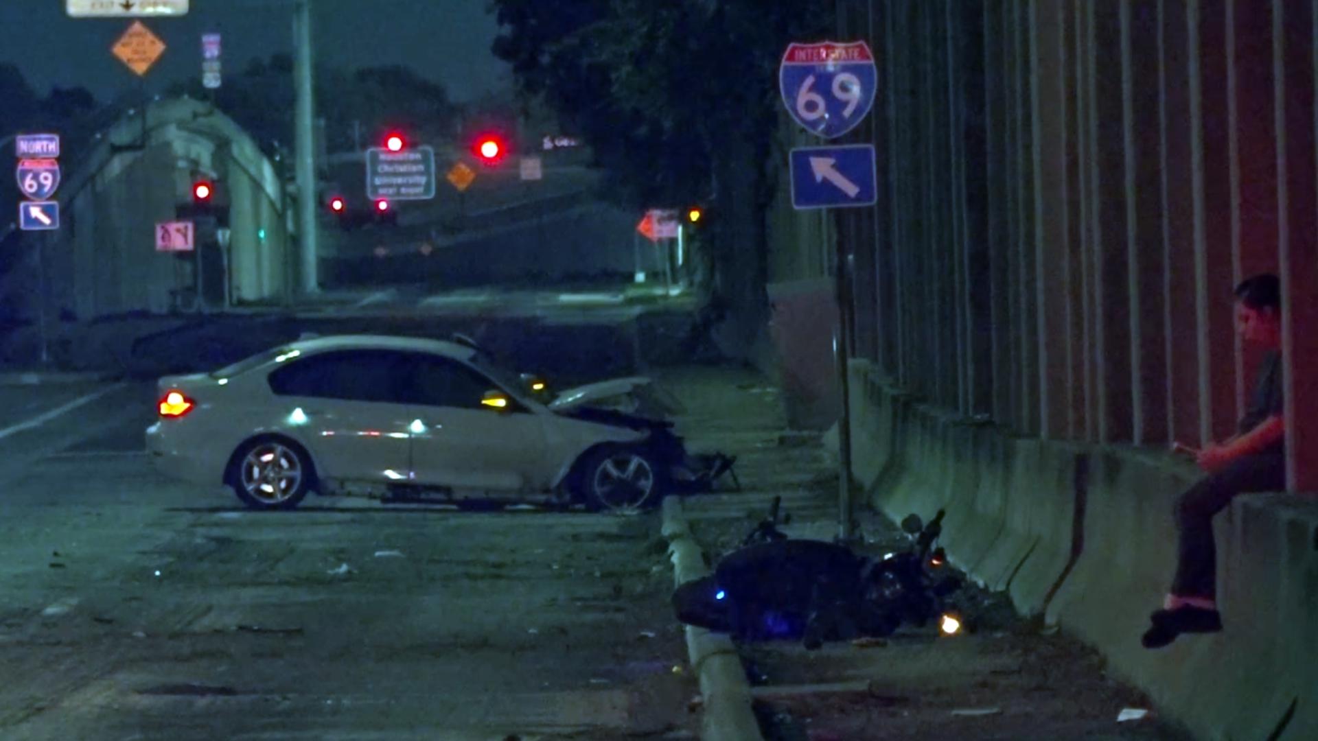 Investigators said a white BMW traveling at a high rate of speed crashed into the motorcycle and the driver of the car took off.
