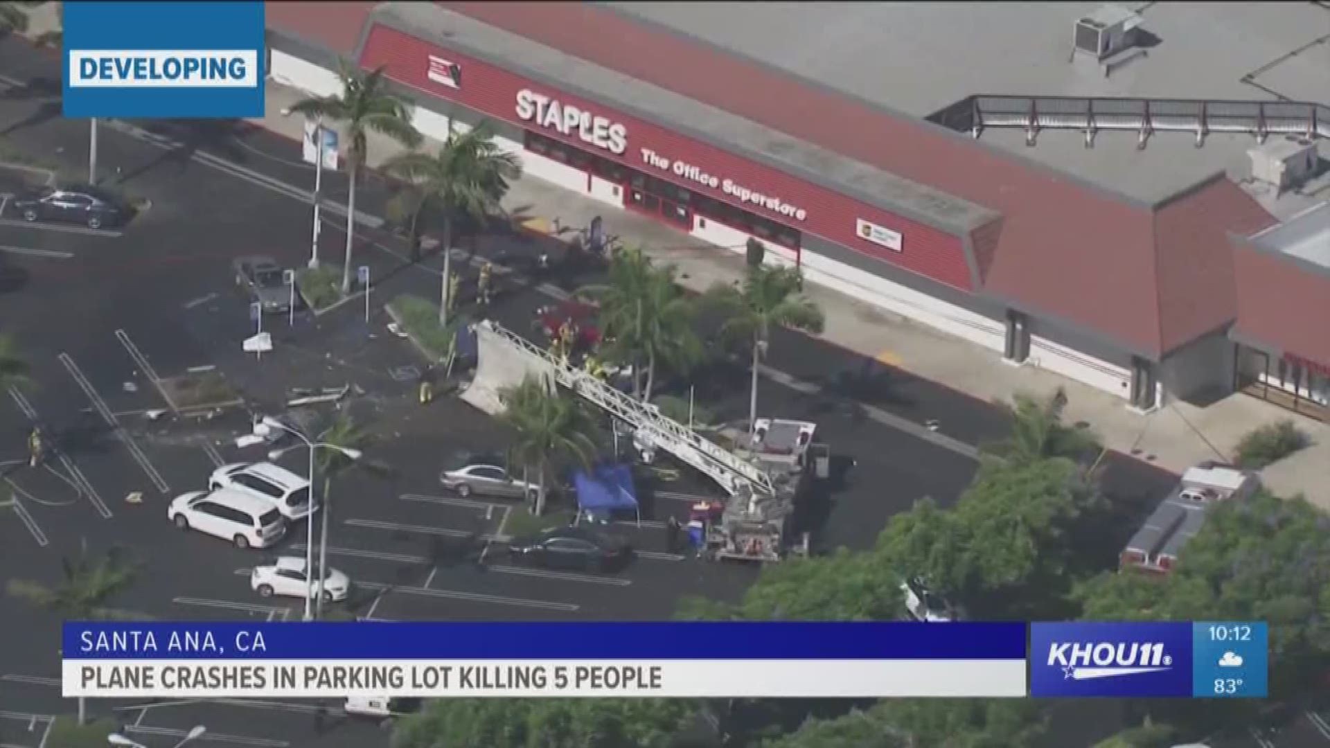 A small, twin-engine Cessna bound for John Wayne Airport in Orange County crashed into the parking lot of a Staples office supply store on Sunday, killing all five people aboard, Orange County fire officials said.