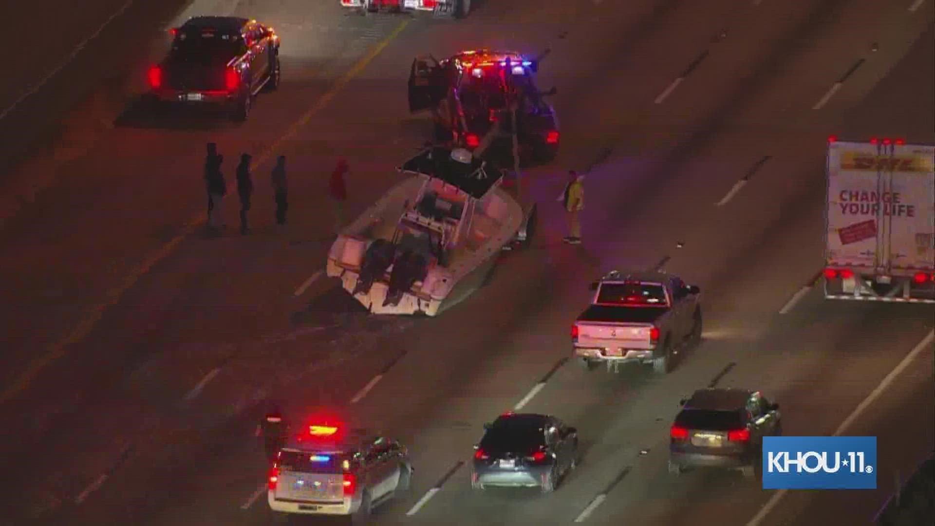 A multi-vehicle crash involving a boat on a trailer was slowing traffic on the Eastex Freeway heading inbound this morning, according to the Houston Police Departmen