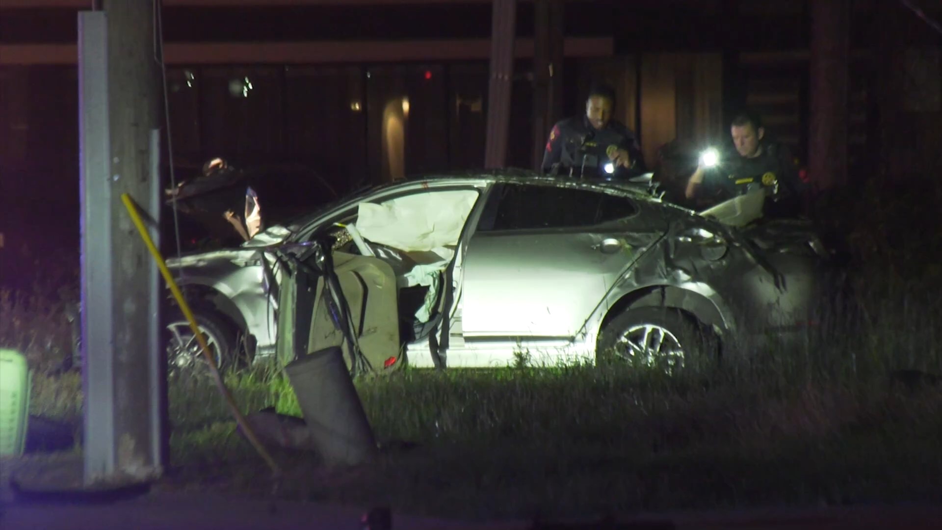 A chase with a stolen vehicle ended in a rollover crash when the car slammed into a pole on Highway 6 south of the Katy Freeway Wednesday morning.