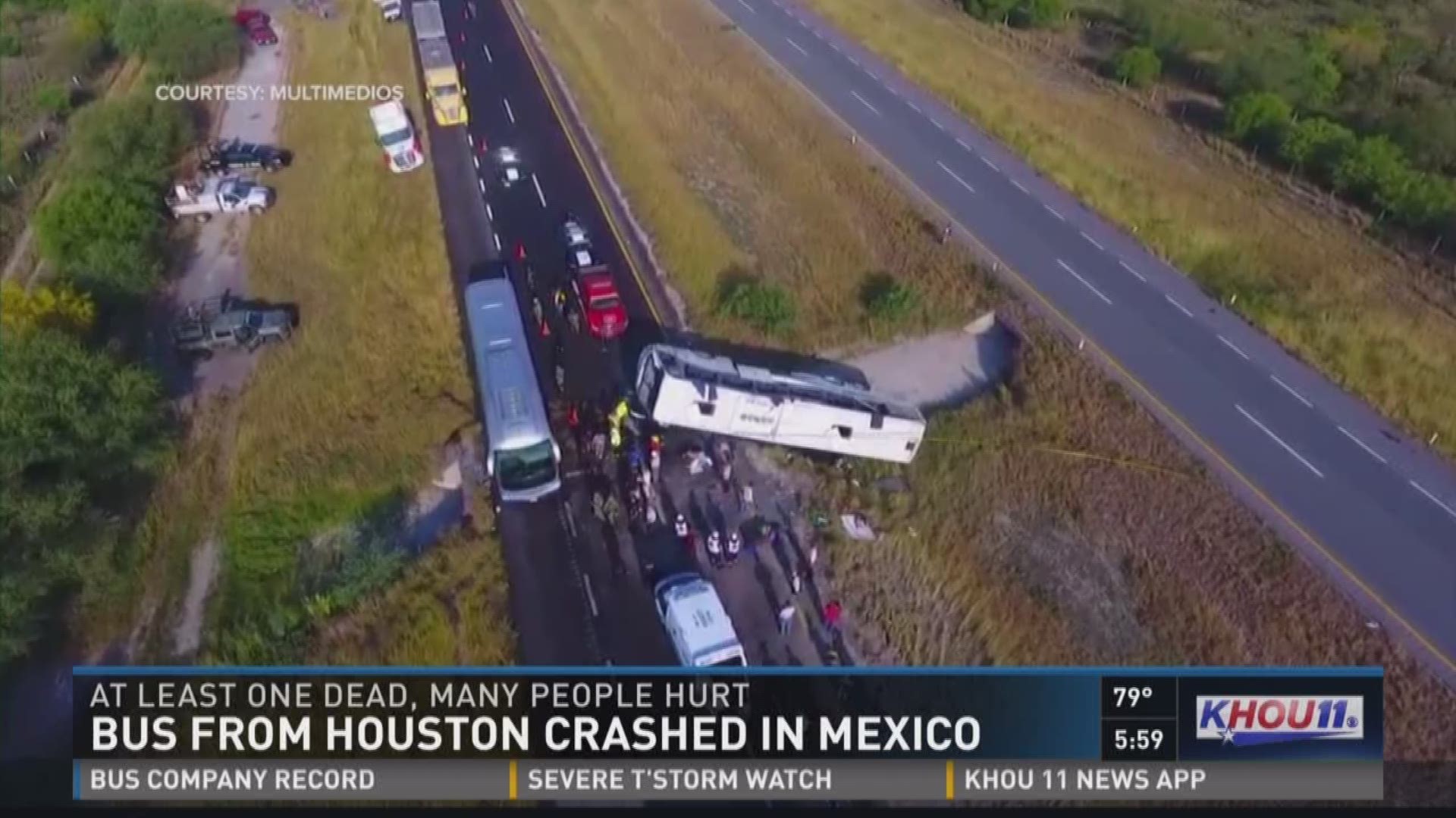 At least one person was killed and 20 were injured when a bus from Houston overturned on the Reynosa-Monterrey Highway, according to reports.