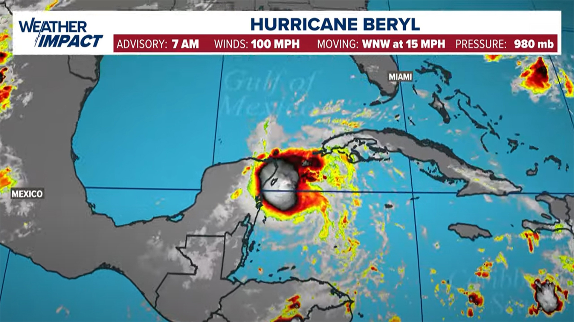 Hurricane Beryl is moving inland on the Yucatan Peninsula before heading into the Gulf of Mexico.
