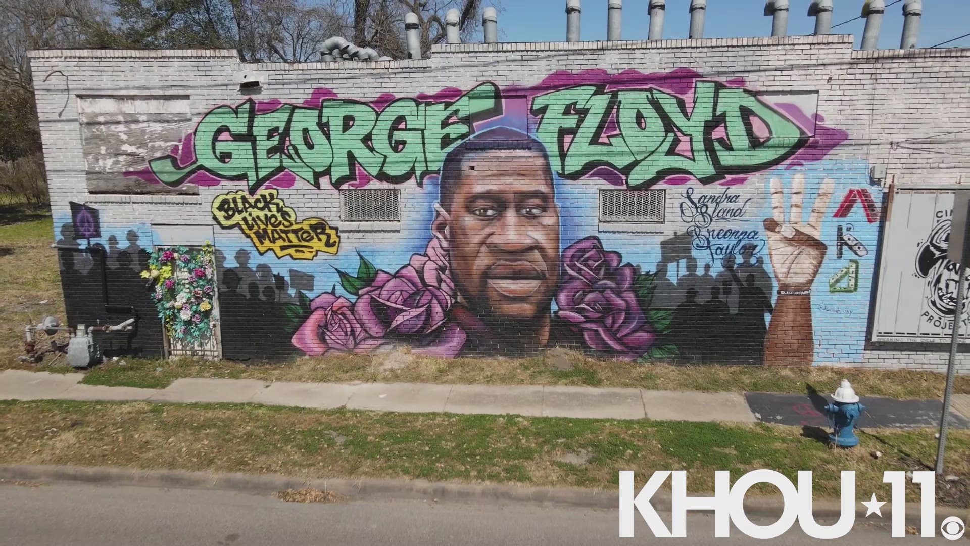 Drone shots of a George Floyd mural in Houston.
