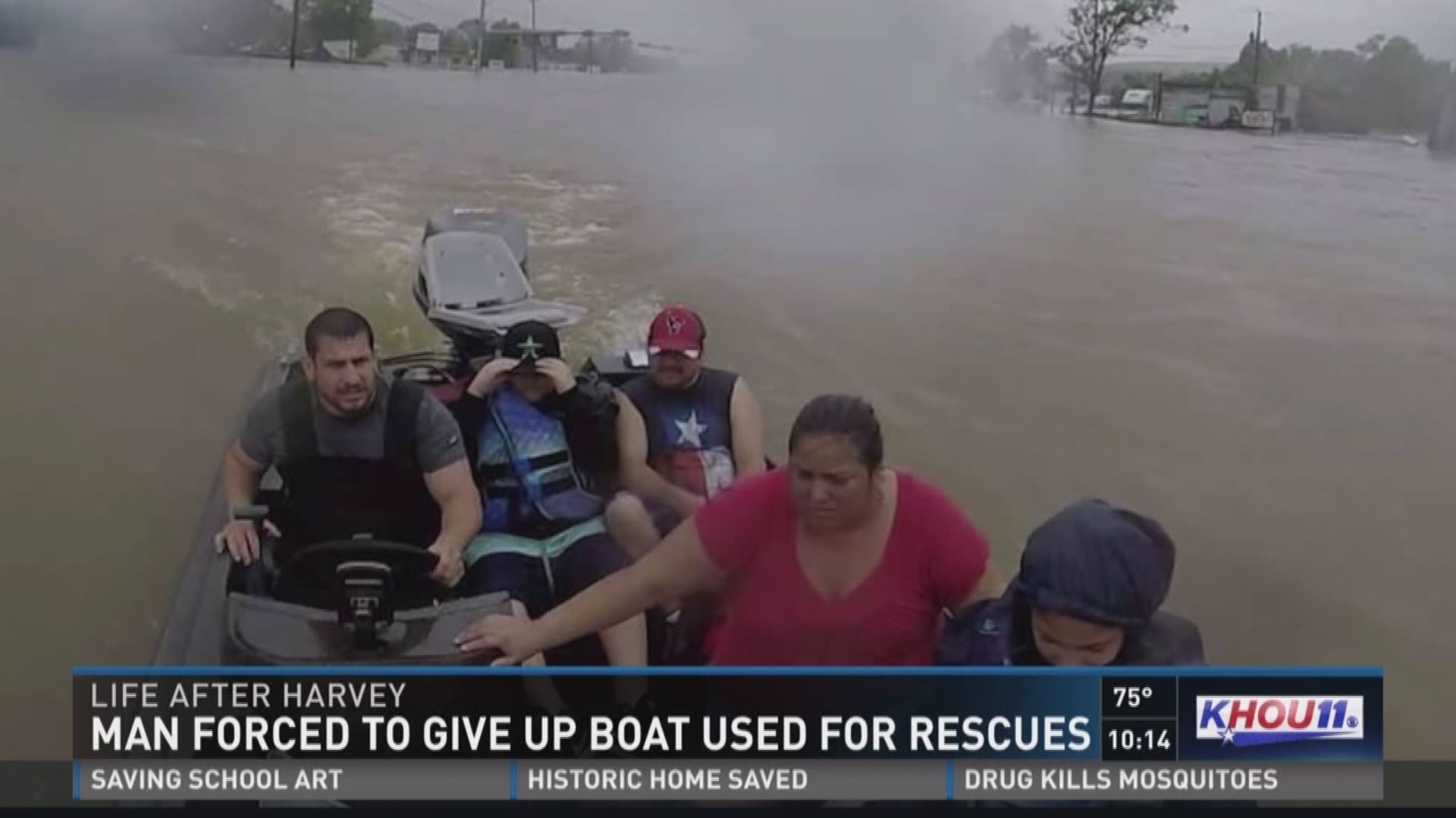 A Houston man rescued dozens of people during Hurricane Harvey, only to have his boat destroyed by looters.