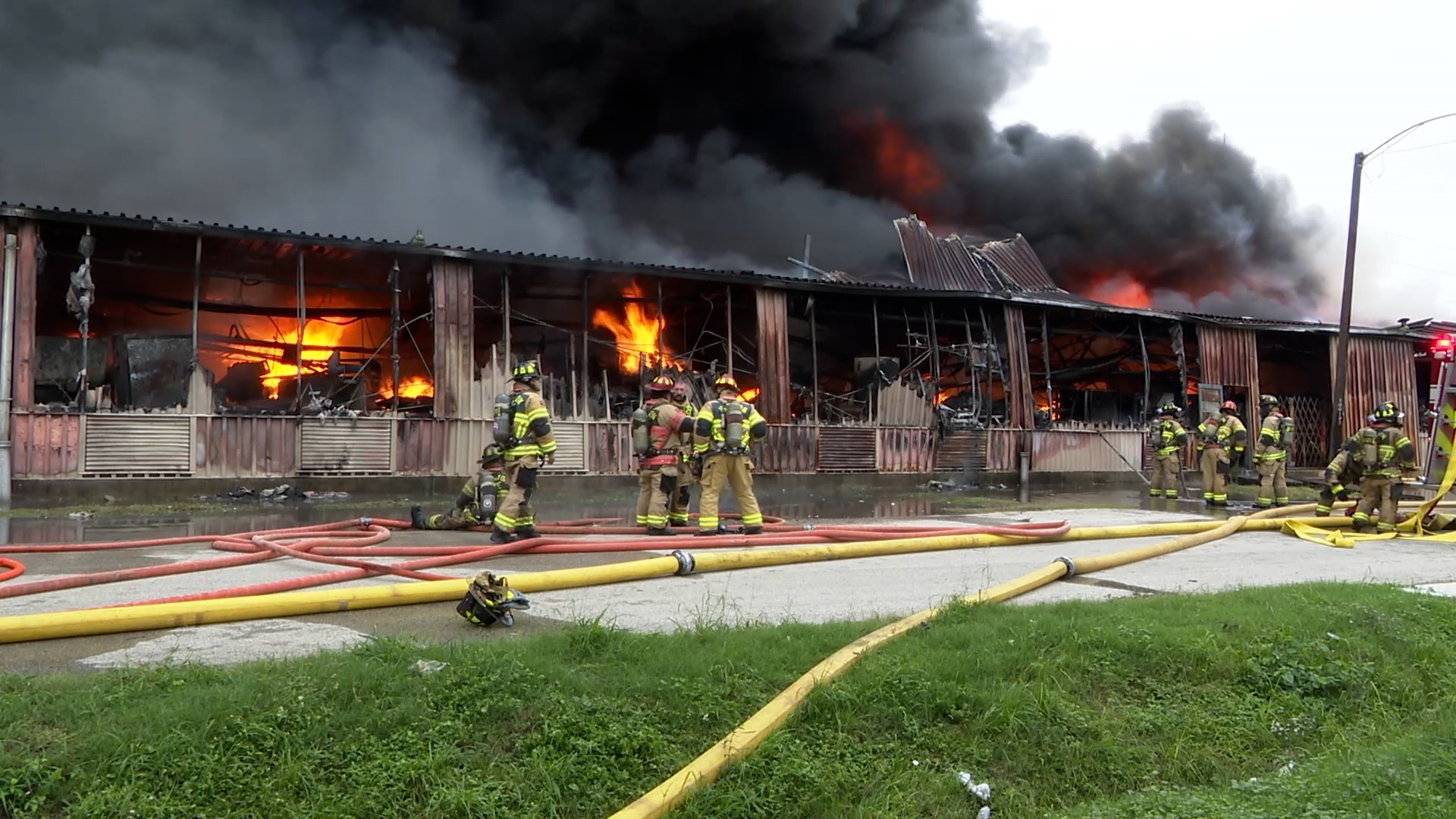 The Houston Fire Department said crews are working to put out a warehouse fire north of downtown Saturday morning.