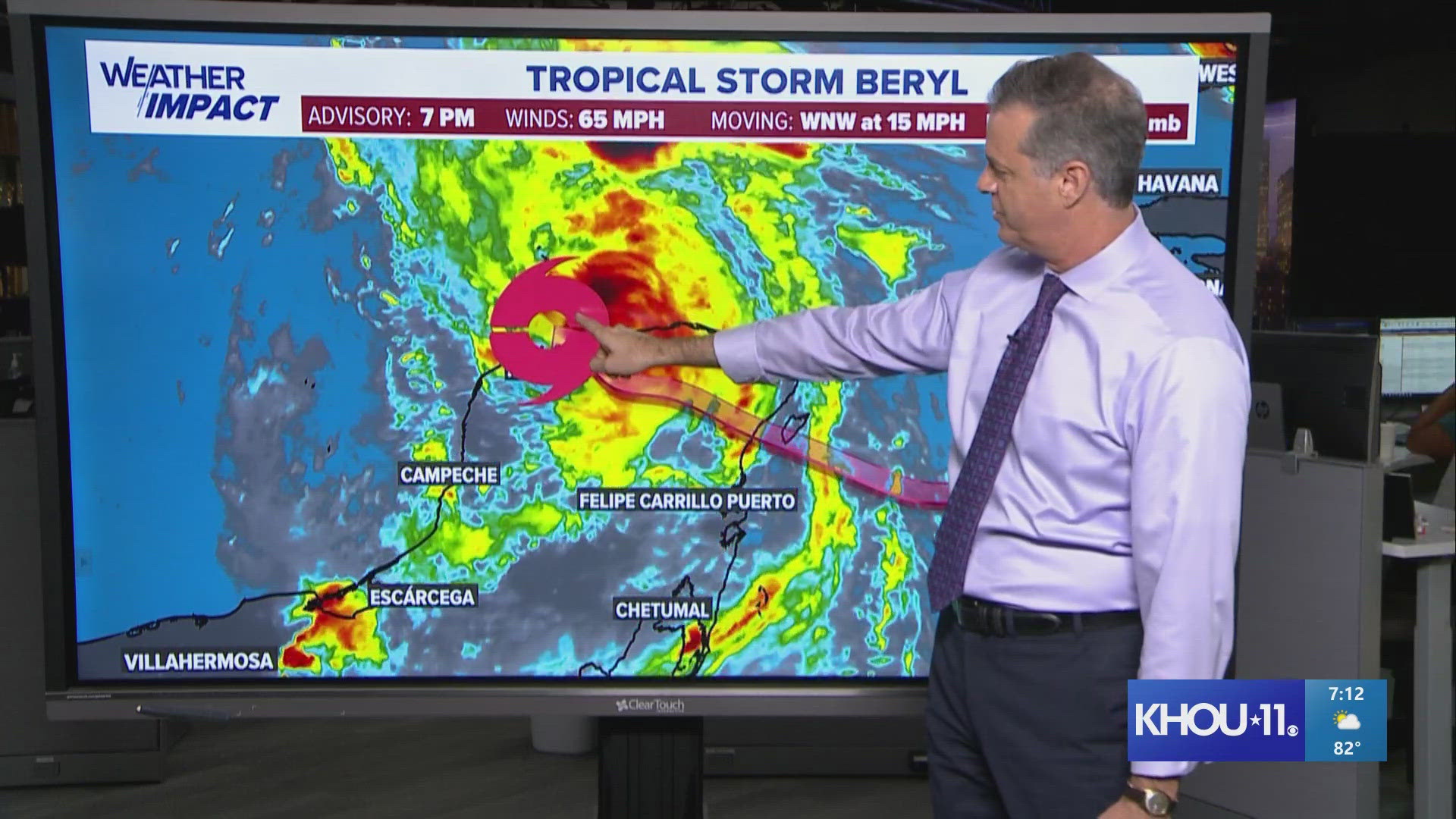 KHOU 11 Chief Meteorologist David Paul gives an on Beryl after the National Hurricane Center issued its 7 p.m. update on Friday, July 5, 2024.