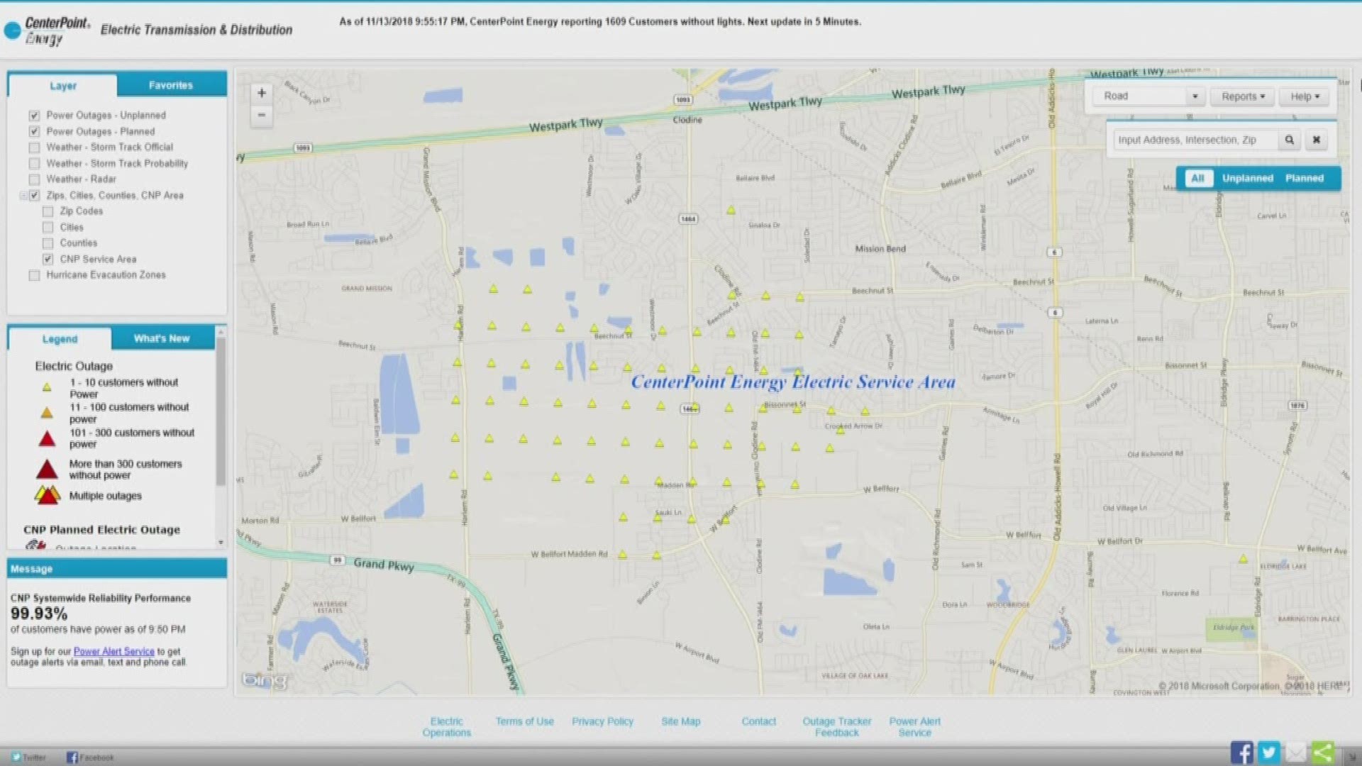 Downed power lines at FM 1464 and Bissonnet are causing a power outage in Fort Bend County.