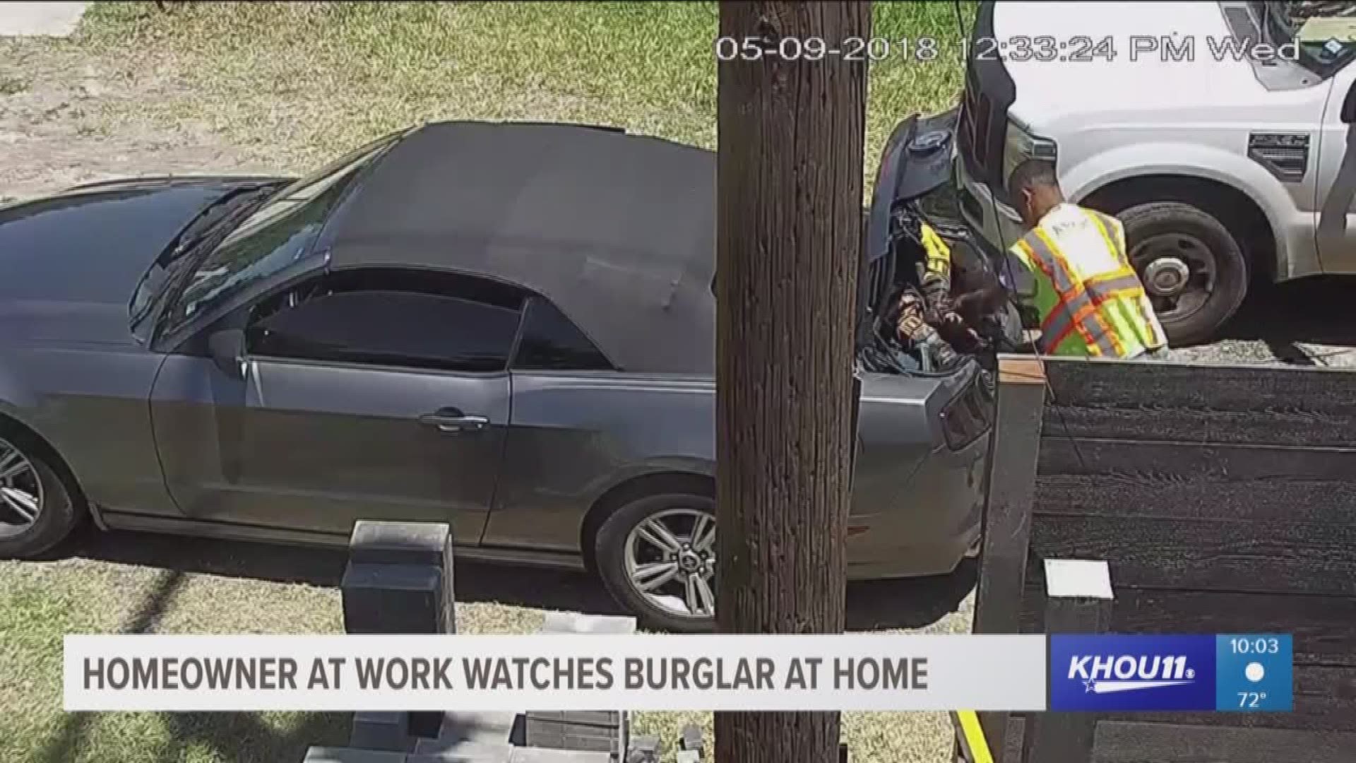 A radio personality was at work when he checked his surveillance cameras at his home and saw a burglar stealing construction equipment from his property. 