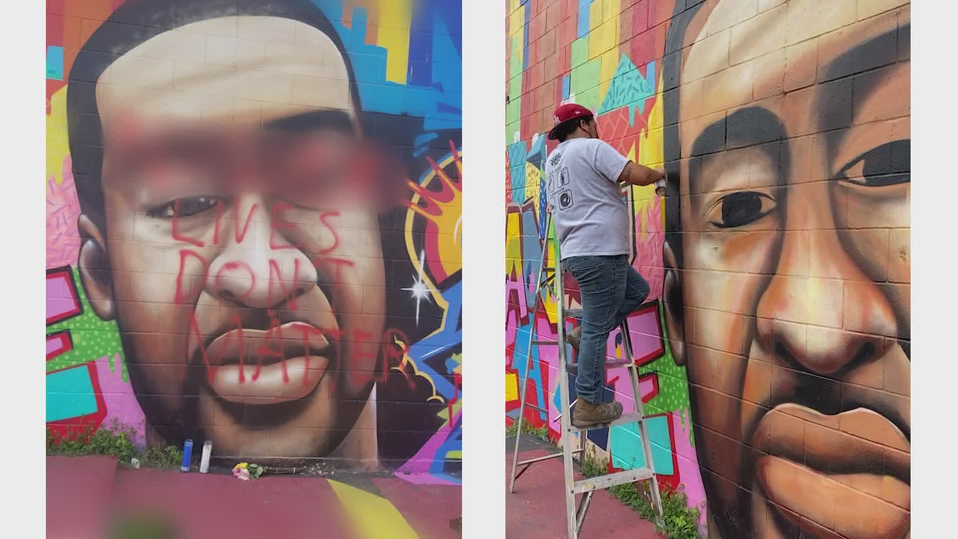 A George Floyd mural in downtown Houston was defaced Thursday with a racial slur. The artist later painted over the hateful message.