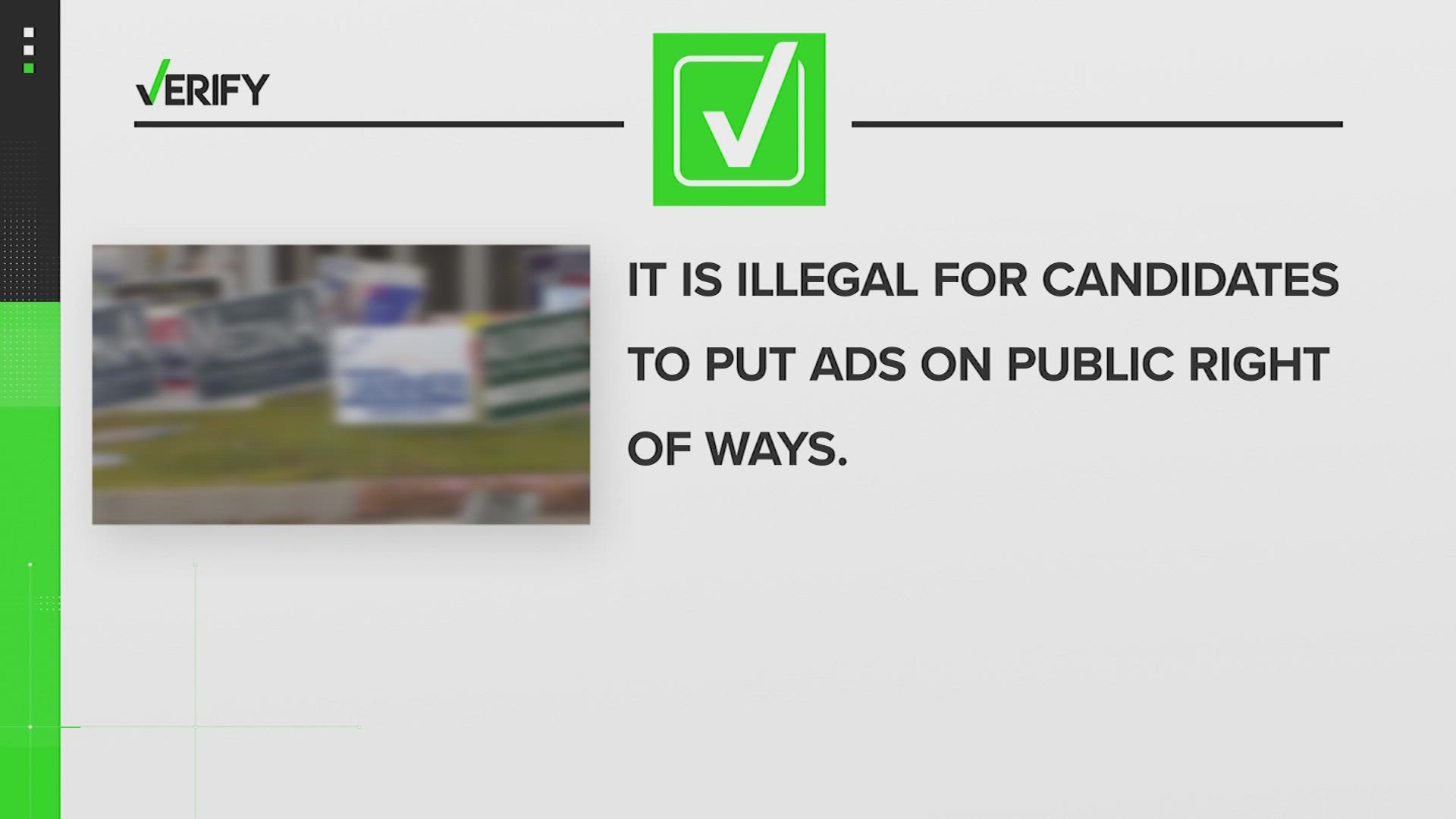 TxDOT says it is illegal to place signs on or within a right of way, or anywhere that poses a safety hazard. That includes trees and telephone poles.