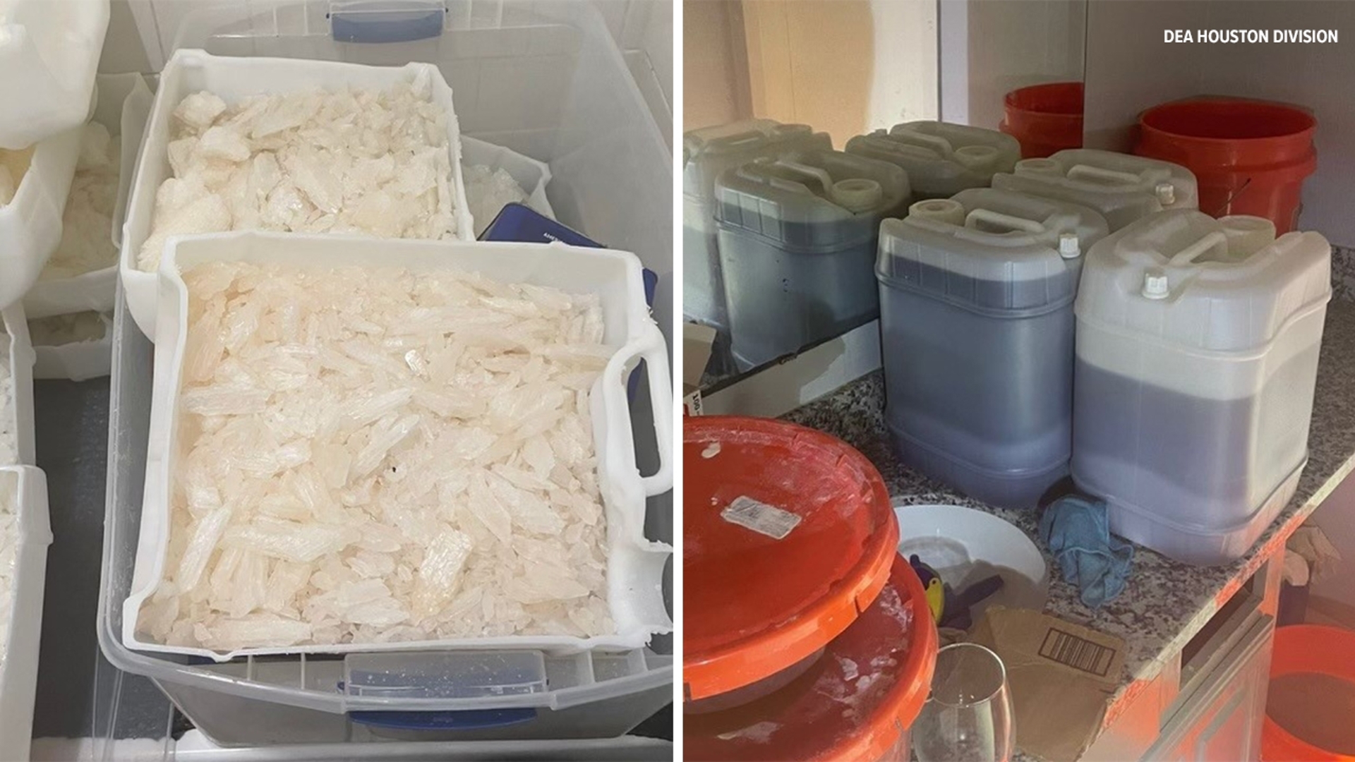 Drug Enforcement Agency officials said more than 30 kilos of solid meth and 80 gallons of liquid meth were found in a major bust in north Houston.