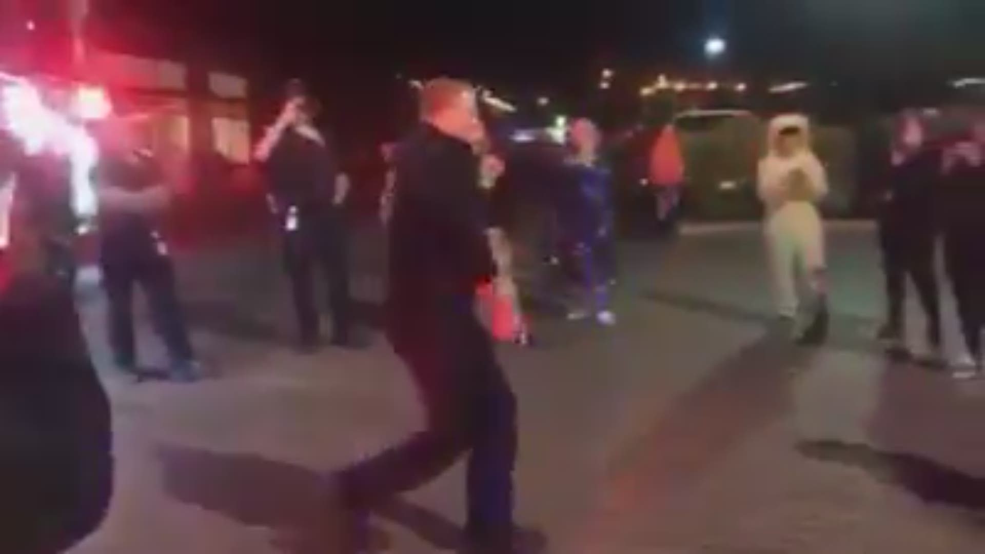 While working a Halloween event, a Celina firefighter decided to get jiggy and have a dance-off with a kid attending the festival in Celina, Texas.