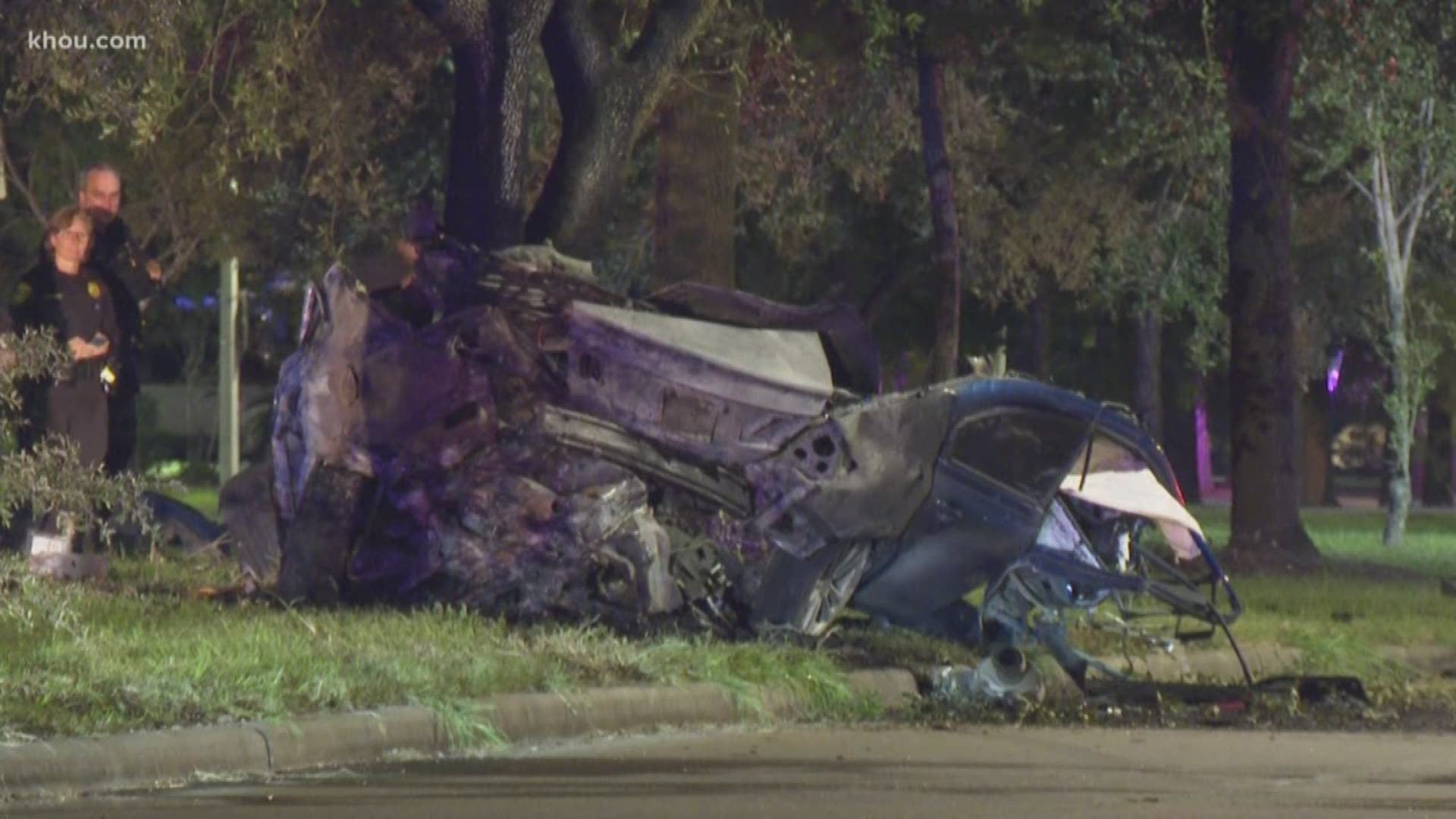 Houston police said one person is dead after a car slammed into a tree in Meyerland. The car nearly split in half. Police believe the driver may have been racing.